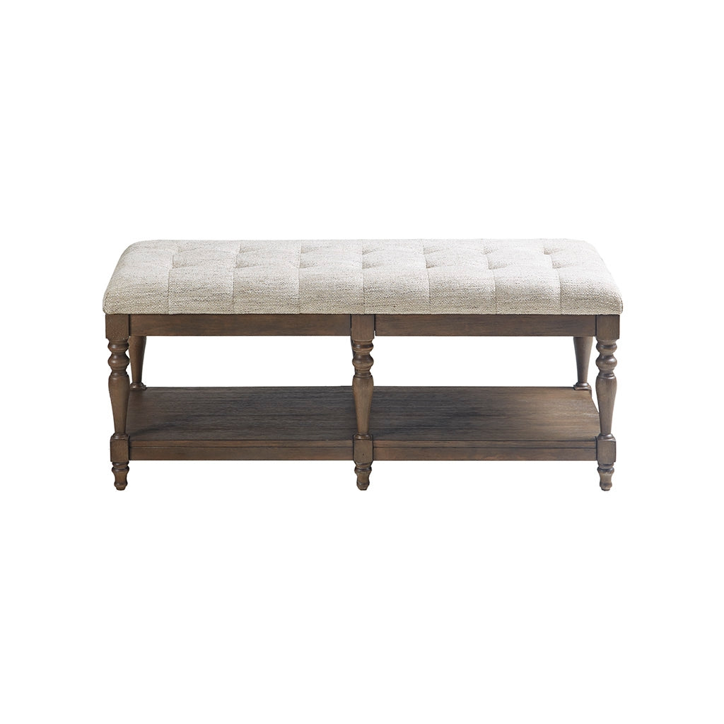 Terra Tufted Upholstered Accent Bench with Wood Shelf, Ivory