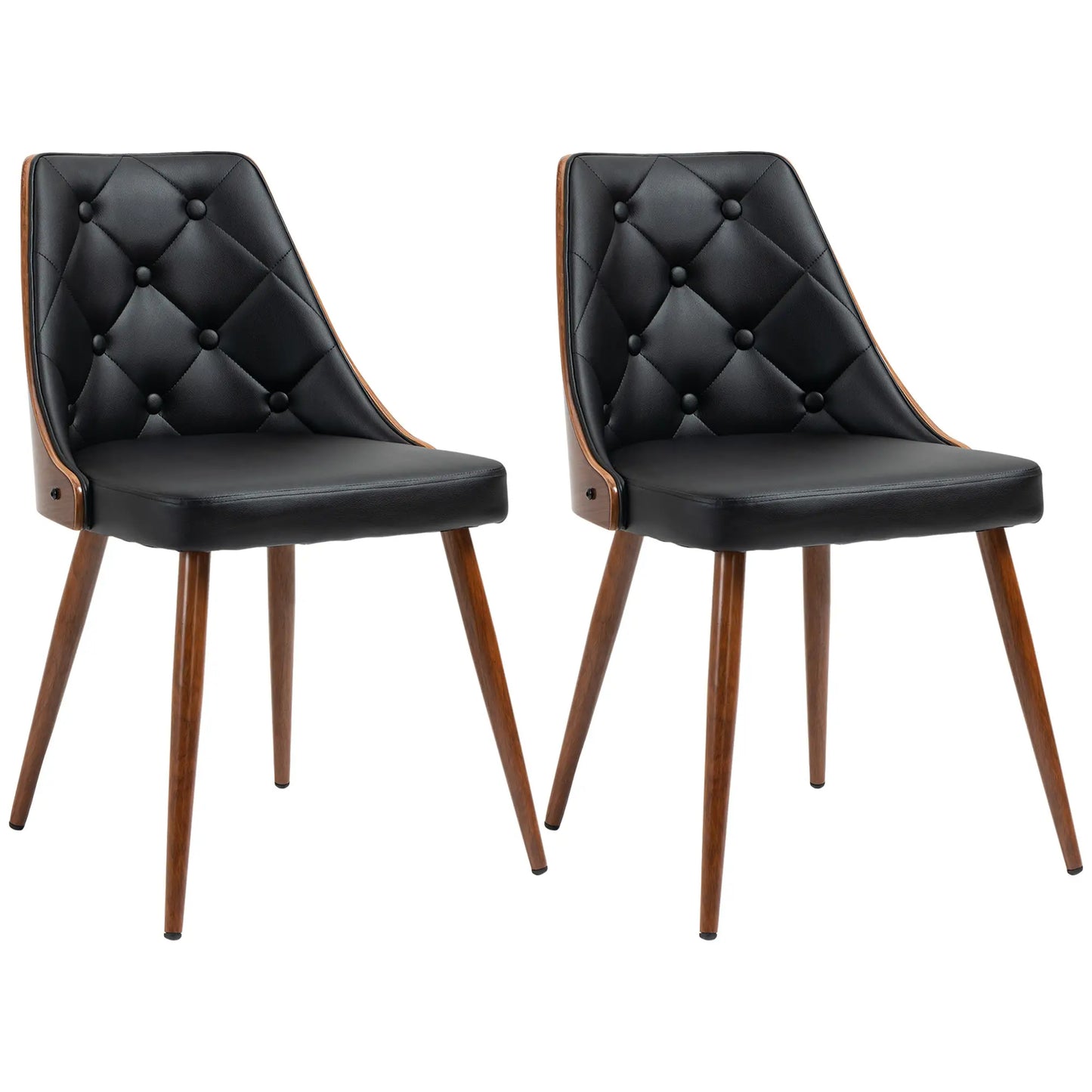 Dining Chairs Set of 2, Tufted, PU Leather Upholstered Seats and Steel Legs, Black