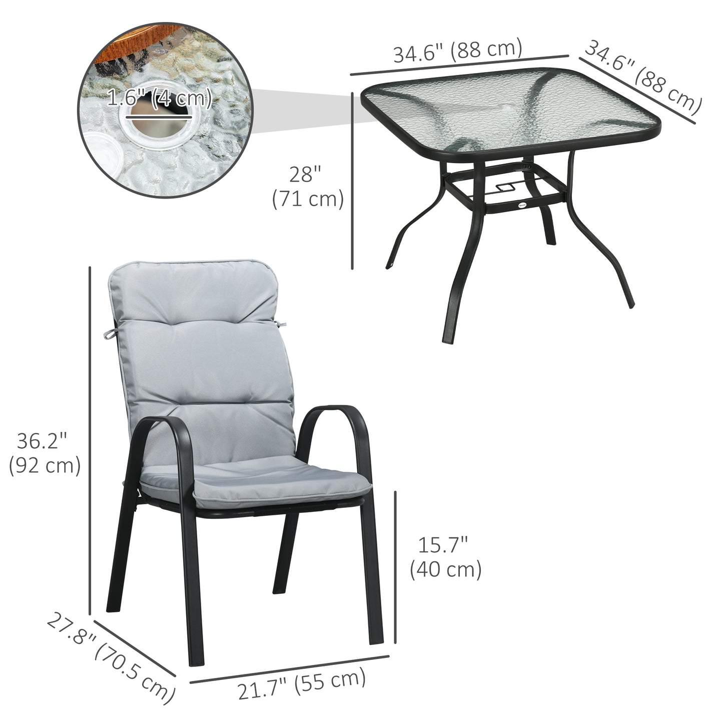 5 Piece Outdoor Square Garden Dining Set w/ Tempered Glass Dining Table 4 Cushioned Armchairs, Umbrella Hole, Grey