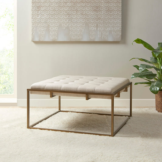 Square Bronze Base Upholstered Ottoman, Ivory