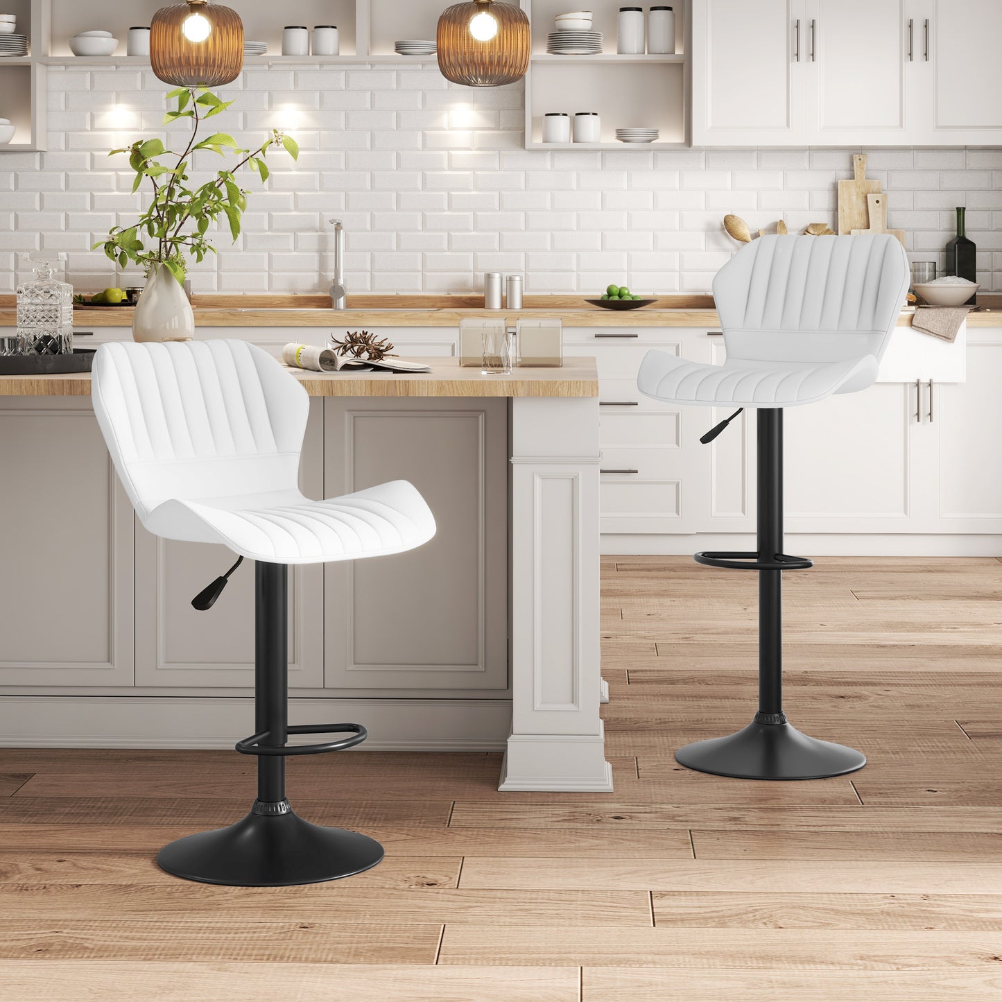 Shell Back Bar Stool Set of 2, PU Leather Adjustable Swivel Barstools with Chrome Base and Footrest for Kitchen Counter, Pub, White