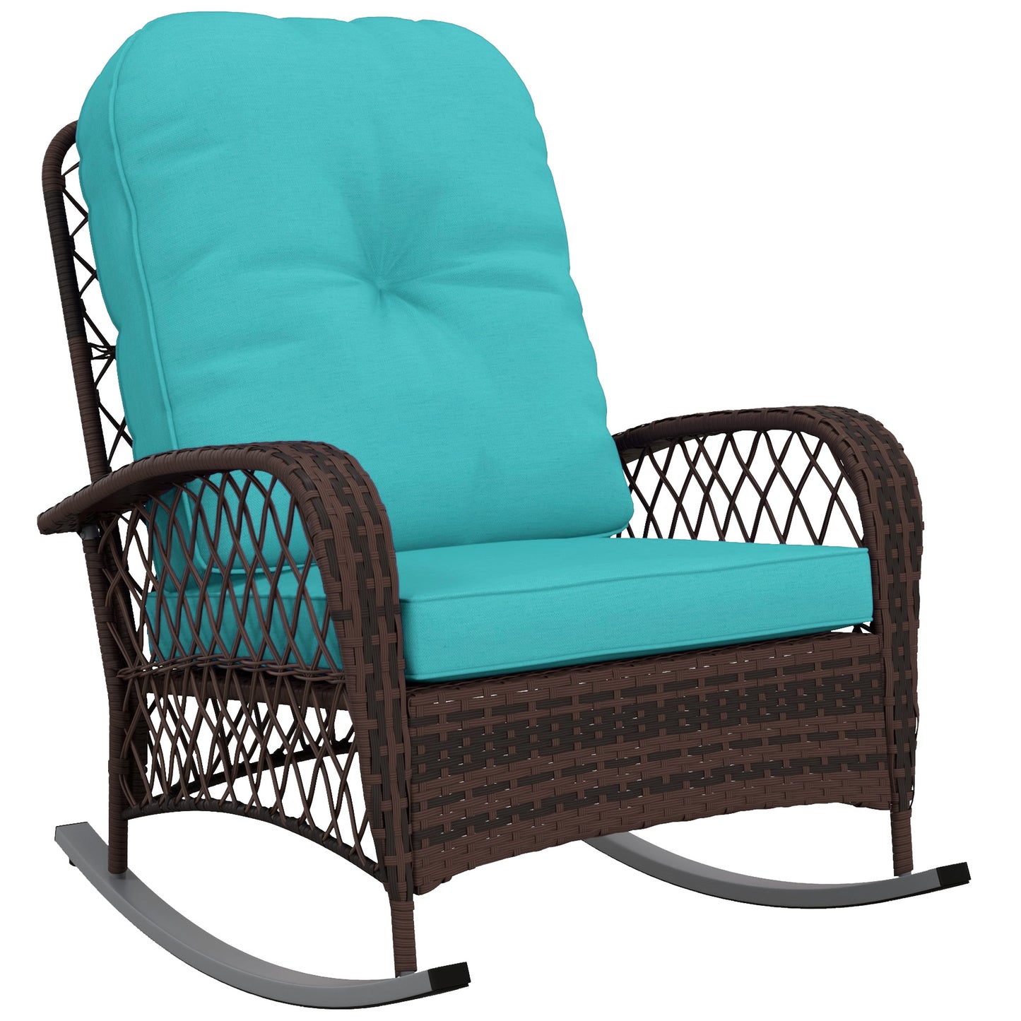 Outsunny Outdoor Wicker Rattan Rocking Chair Patio Rocker with Thick Cushions for Garden Backyard Porch, Turquoise