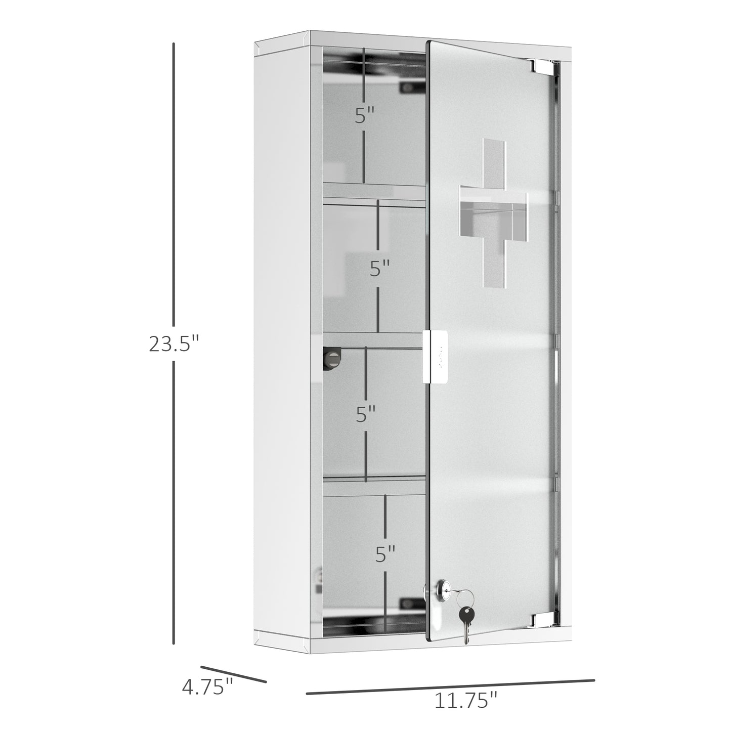 Stainless Steel Medicine Cabinet 4 Tier Frosted Door Lockable w/ 2 Keys Wall Mount First Aid Unit Home Safety Box