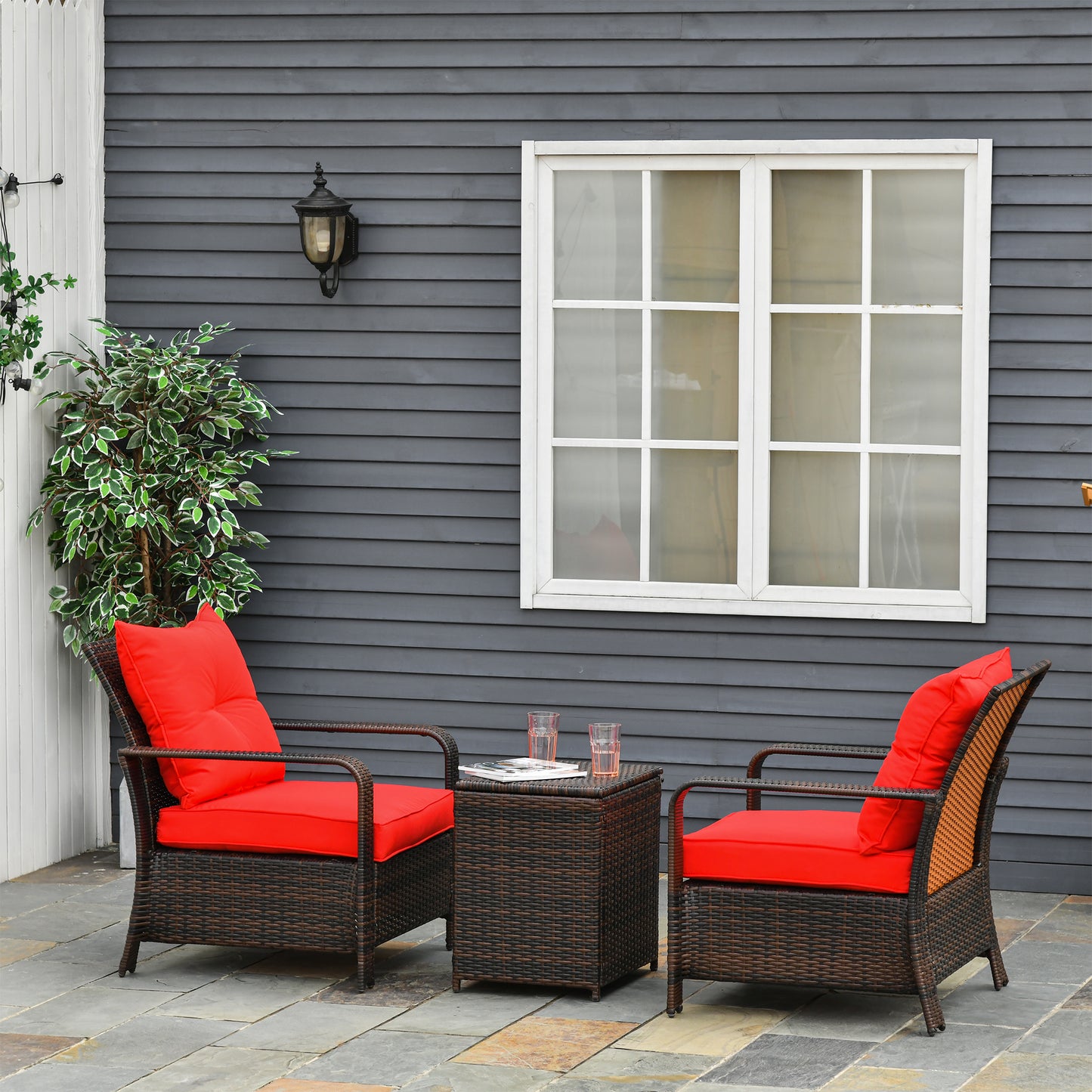 3 Pieces Patio Bistro Set with 2 Padded Chairs and 1 Storage Side Table, PE Rattan Garden Sofa Set with Removable Cushion Cover, Red