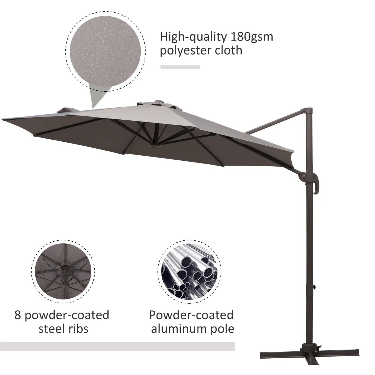 10ft Cantilever Patio Umbrella with 360° Rotation, Aluminum  with 4-Position Tilt, Crank & Cross Base for Garden, Deck, Pool, Backyard, in Light Grey