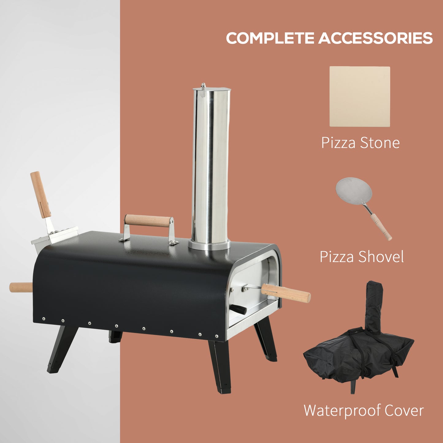 Wood Fired Pizza Oven Stainless Steel Pizza Maker with Foldable Legs and Waterproof Cover, Black