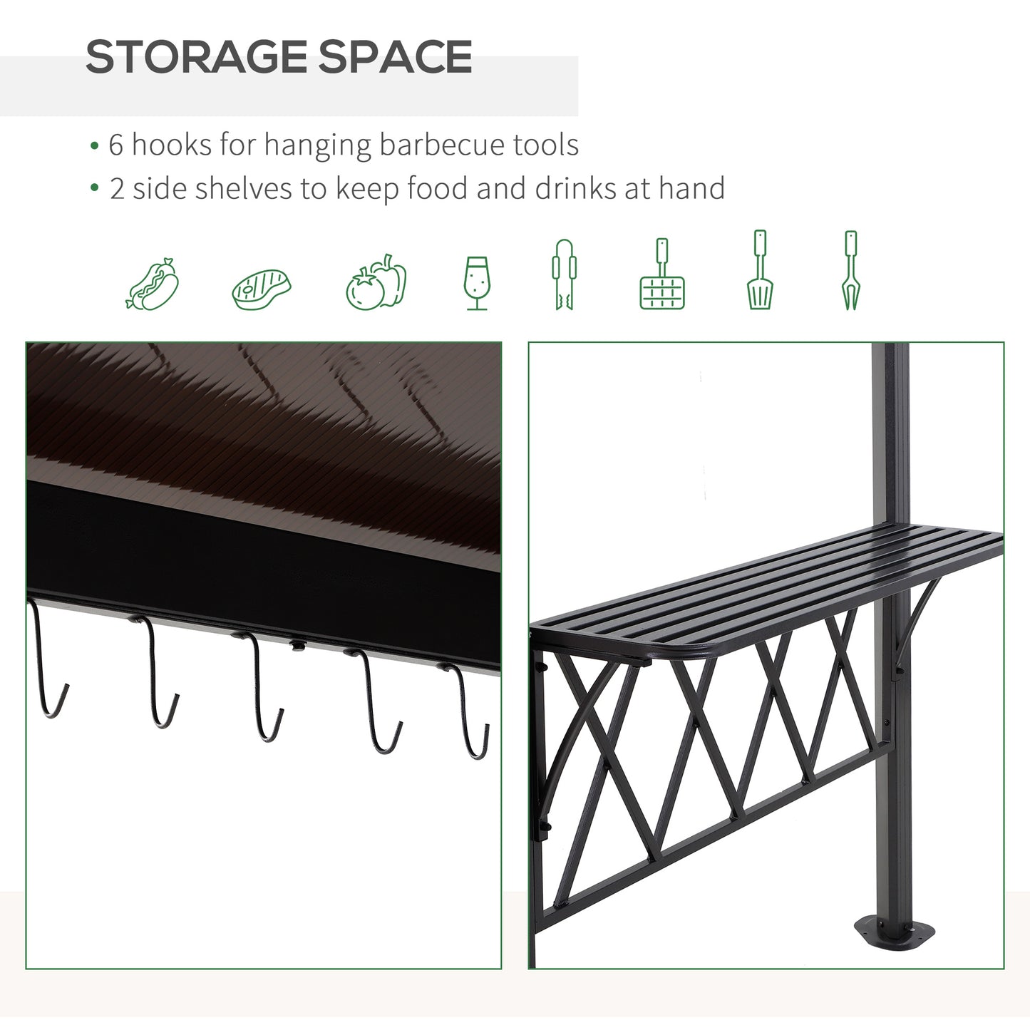 Outsunny Outdoor Hardtop Grill Gazebo Cooking BBQ Canopy w/ 6 Hooks for Utensils and Double Vented PC Roof, Coffee