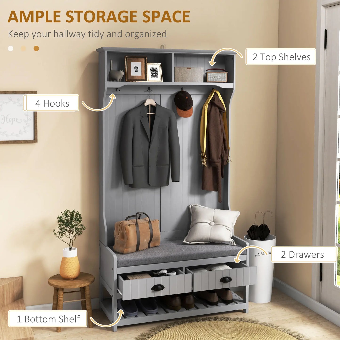 Clothing Storage, Coat Stand, Shoe Storage Bench Organizer with Coat Hanger, Drawers Padded Seat Cushion Grey