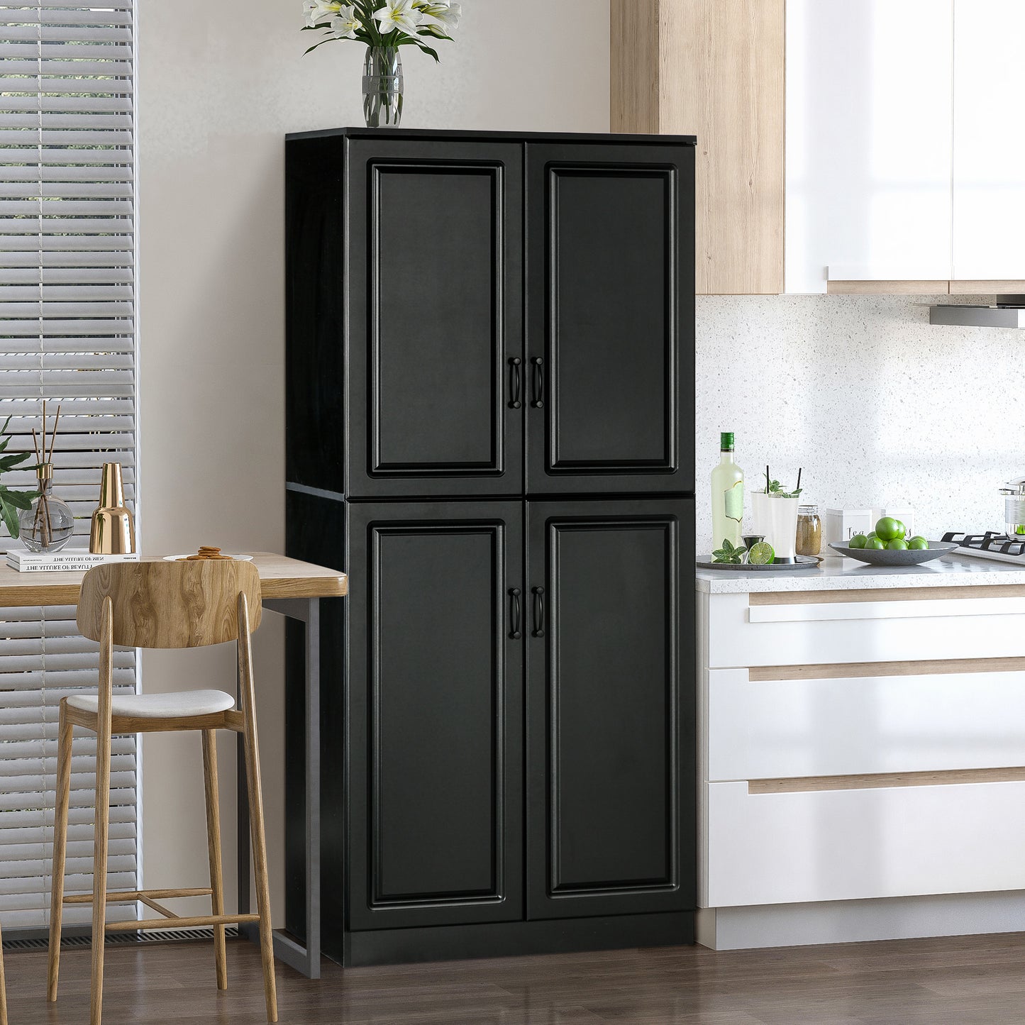 71" Freestanding Kitchen Pantry Cabinet, Storage Cabinet with 4 Hinged Doors and Adjustable Shelves, Black