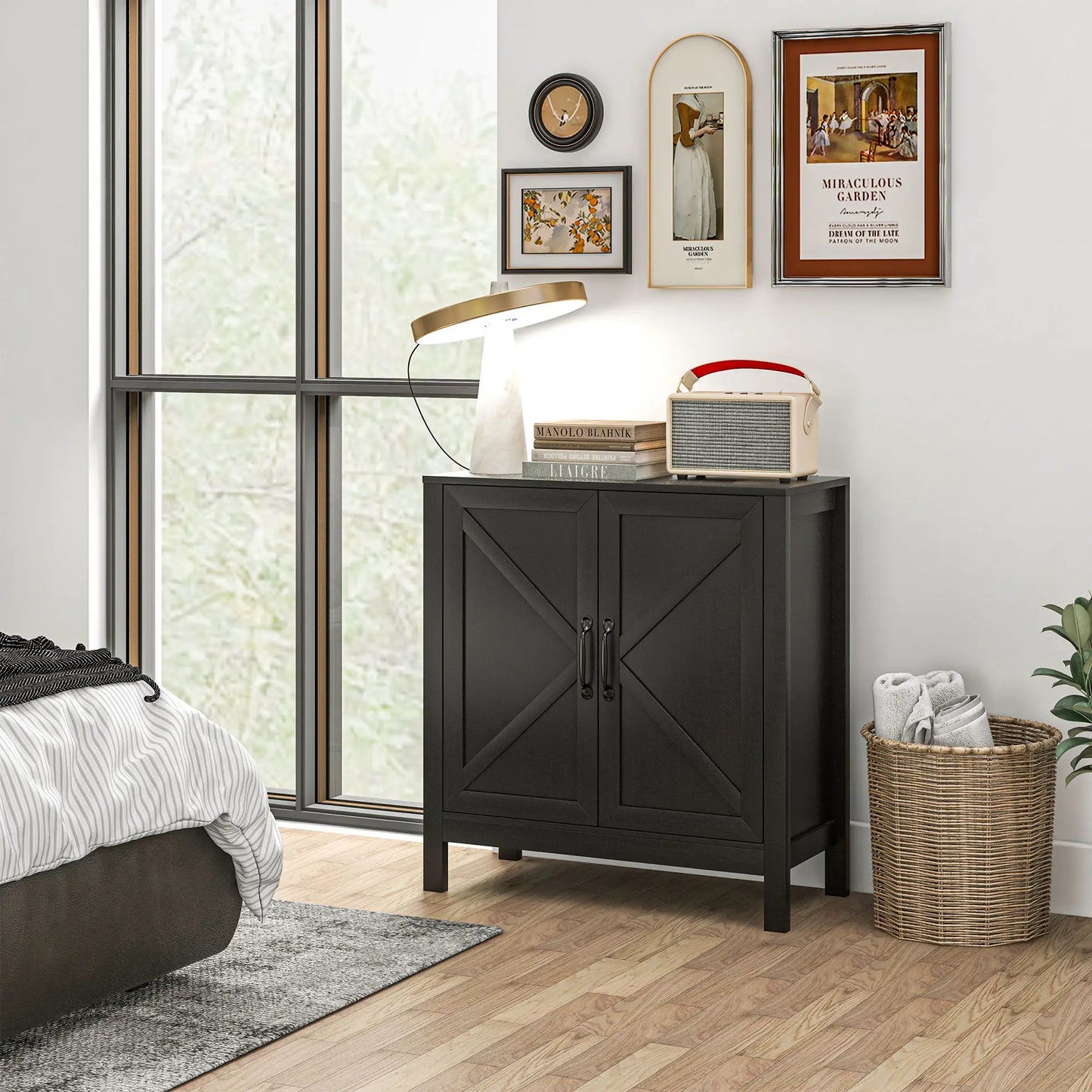 Small Sideboard Buffet or Entryway with Barn Door and Adjustable Shelves, Black