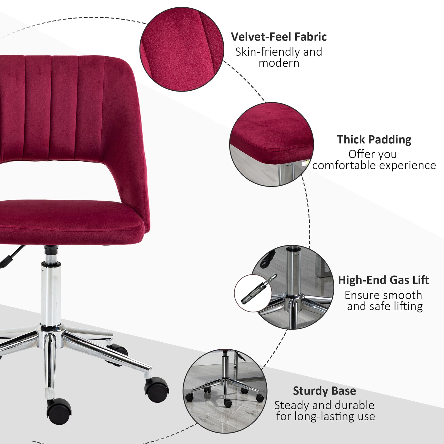 Mid Back Office Chair Velvet Fabric Swivel Scallop Shape Computer Desk Chair, Red