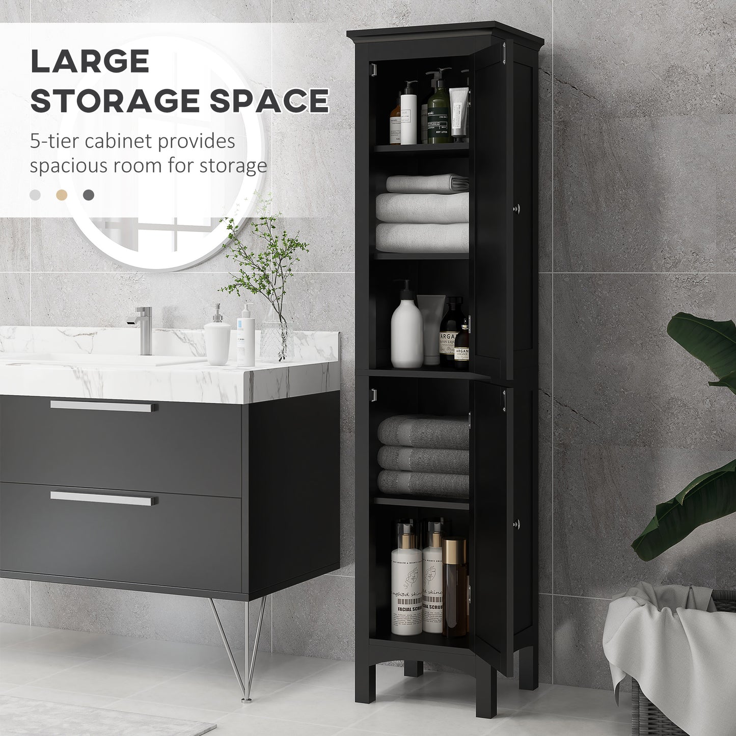 Tall Bathroom Cabinet, Freestanding Storage Organizer with Adjustable Shelves and Cupboards, 15" x 13" x 63", Black