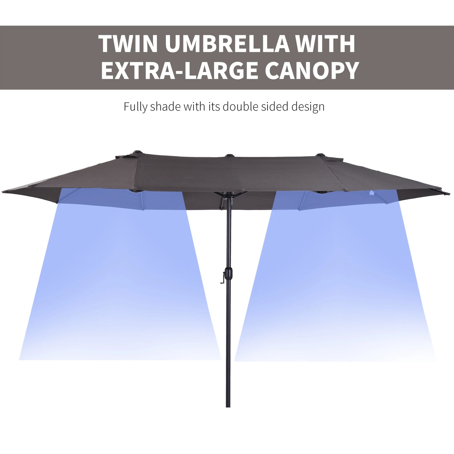 15' Double-Sided Patio Umbrella Parasol Sun Shelter Canopy Shade Grey