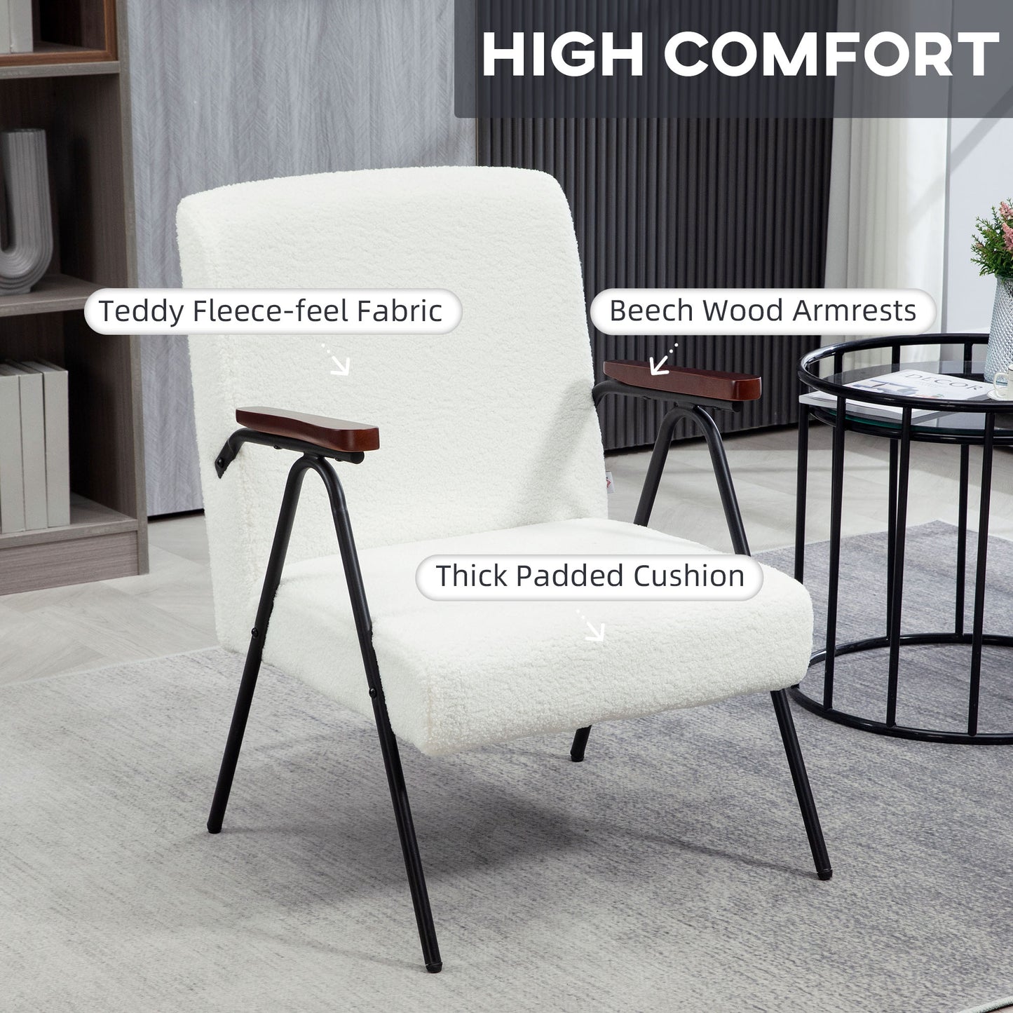 Modern Armchair, Upholstered Corduroy Accent Chair with Wood Arms and Steel Frame in white