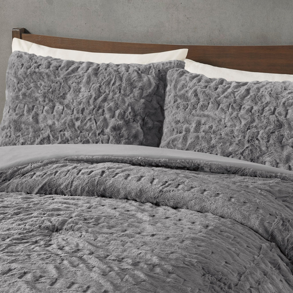 Ruched Faux Fur All-Season Comforter Set, Grey