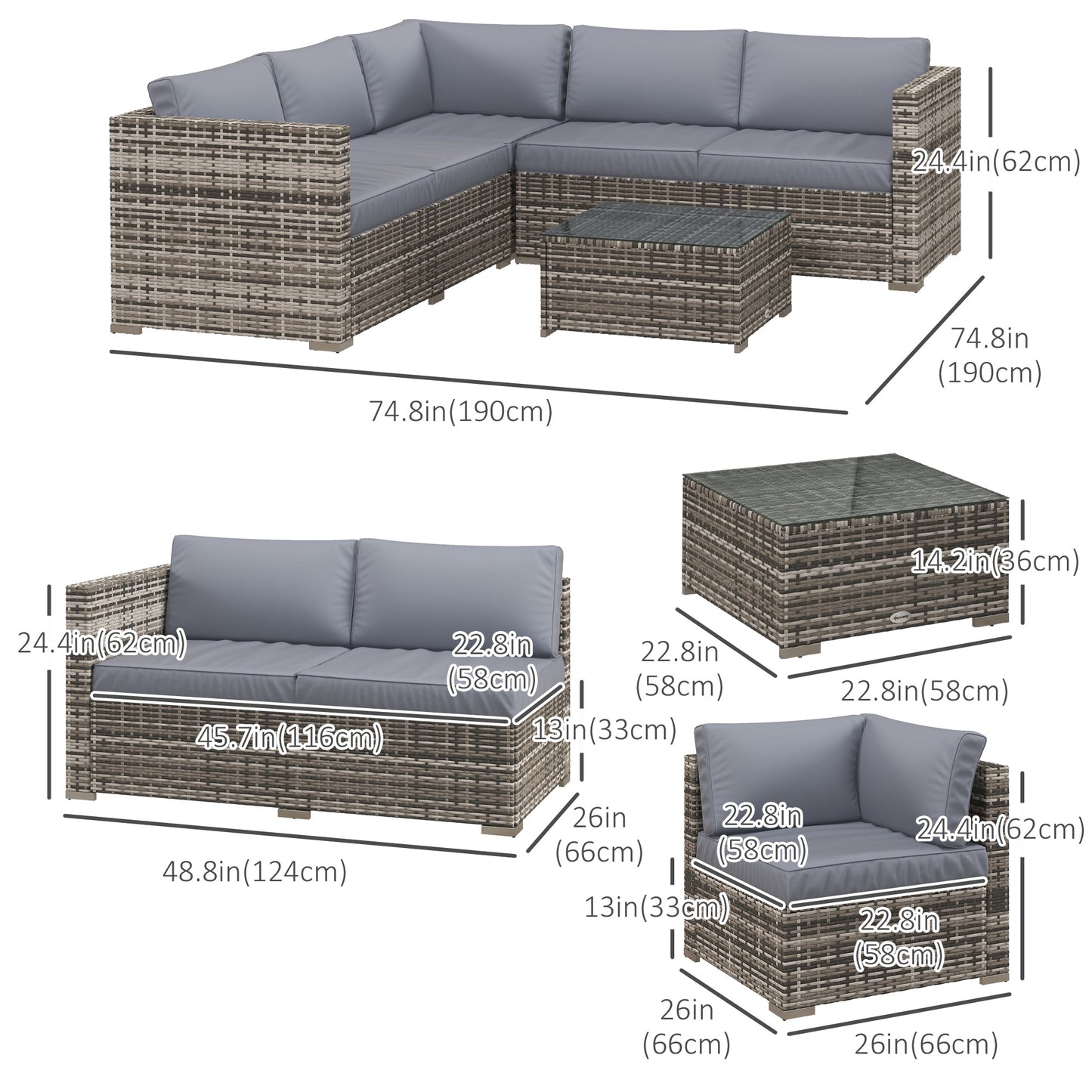 Outsunny 4 Pieces Rattan Wicker Outdoor Conversation Furniture Set w/ Corner Sofa Loveseats Coffee Table Cushions, Grey