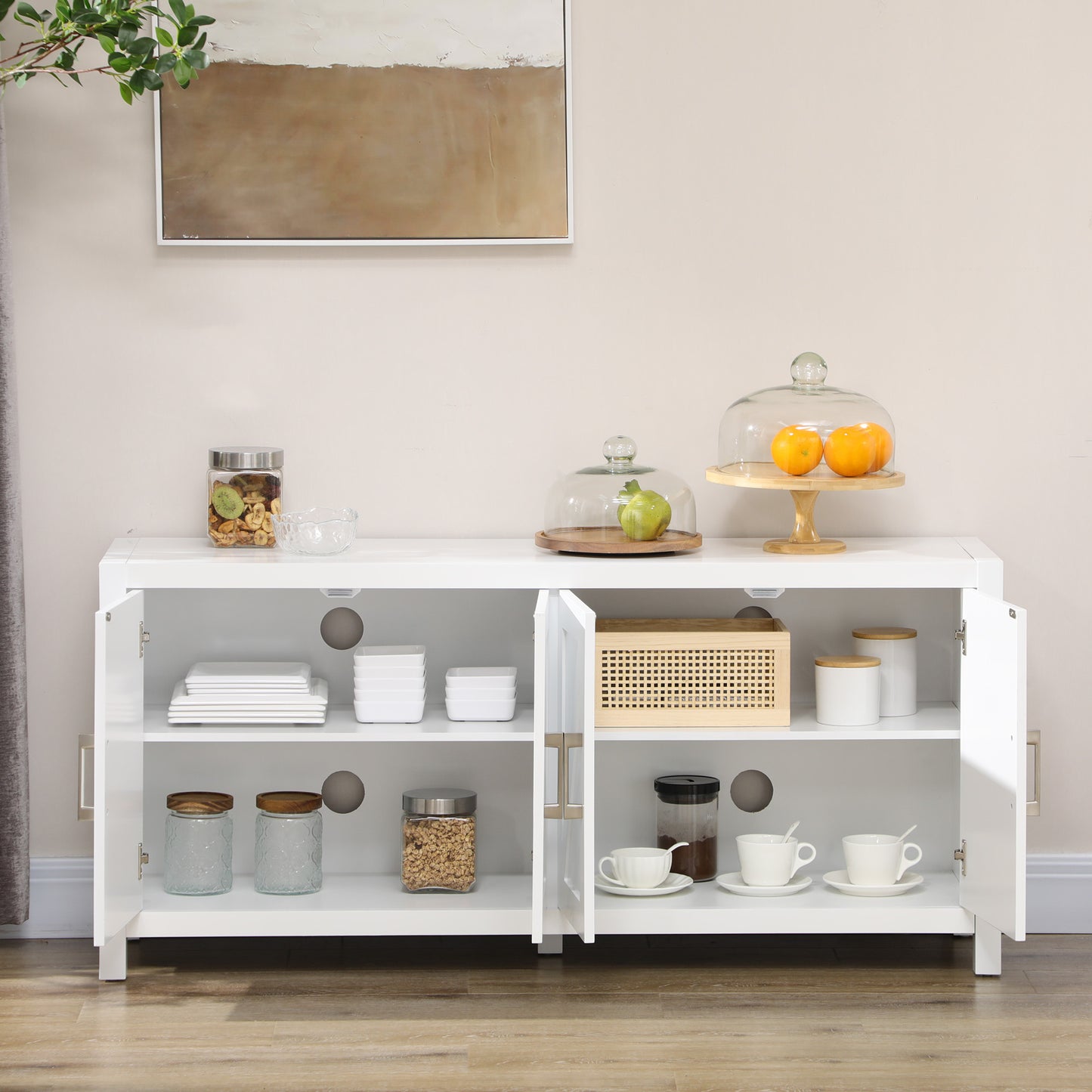 Sideboard Cabinet Buffets Table with Barn Style Doors TV Cabinet Stand for TVs up to 65" with 4 Cable Holes White