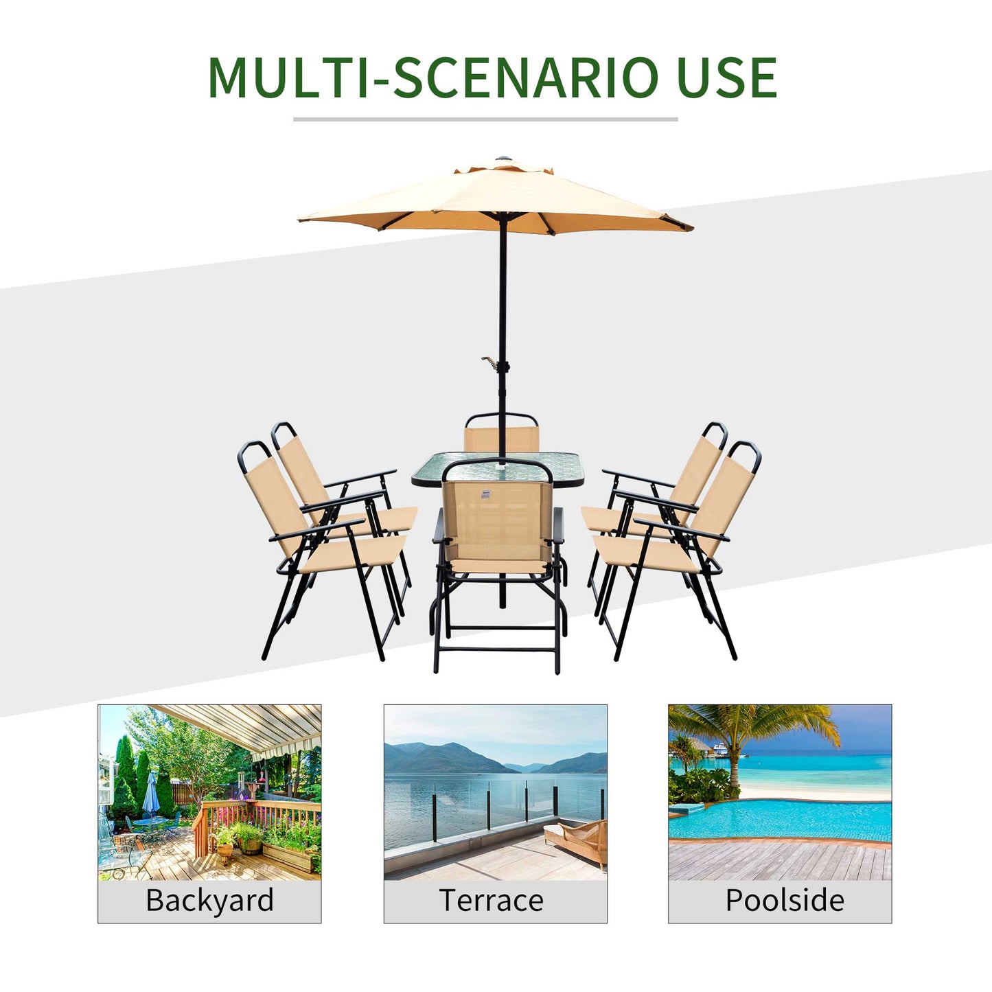 8pc Patio Garden Texteline Dining Set Outdoor Bistro Furniture 6 Folding Chairs with Table and Umbrella Beige