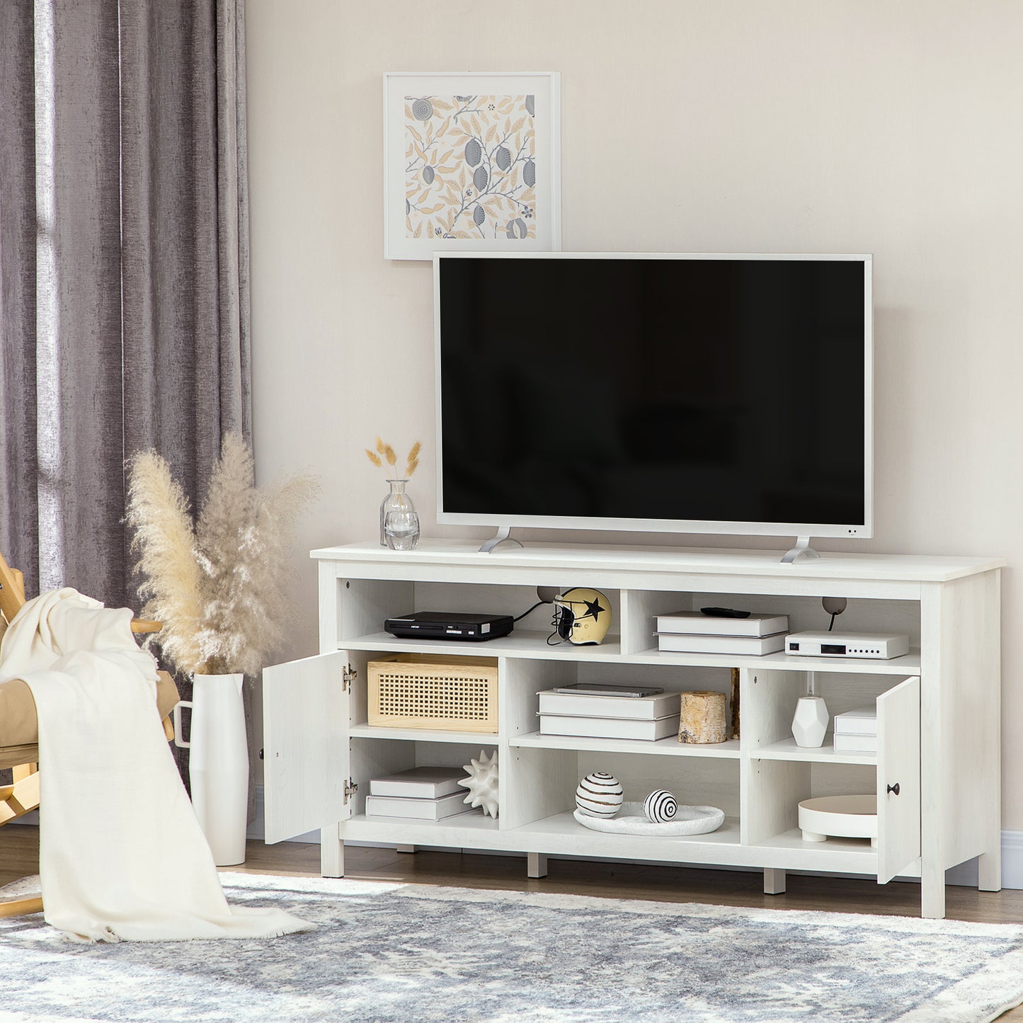 TV Stand for TVs up to 55", TV Unit with Storage Cupboard and Shelves, 55.1" x 15.7" x 27", White