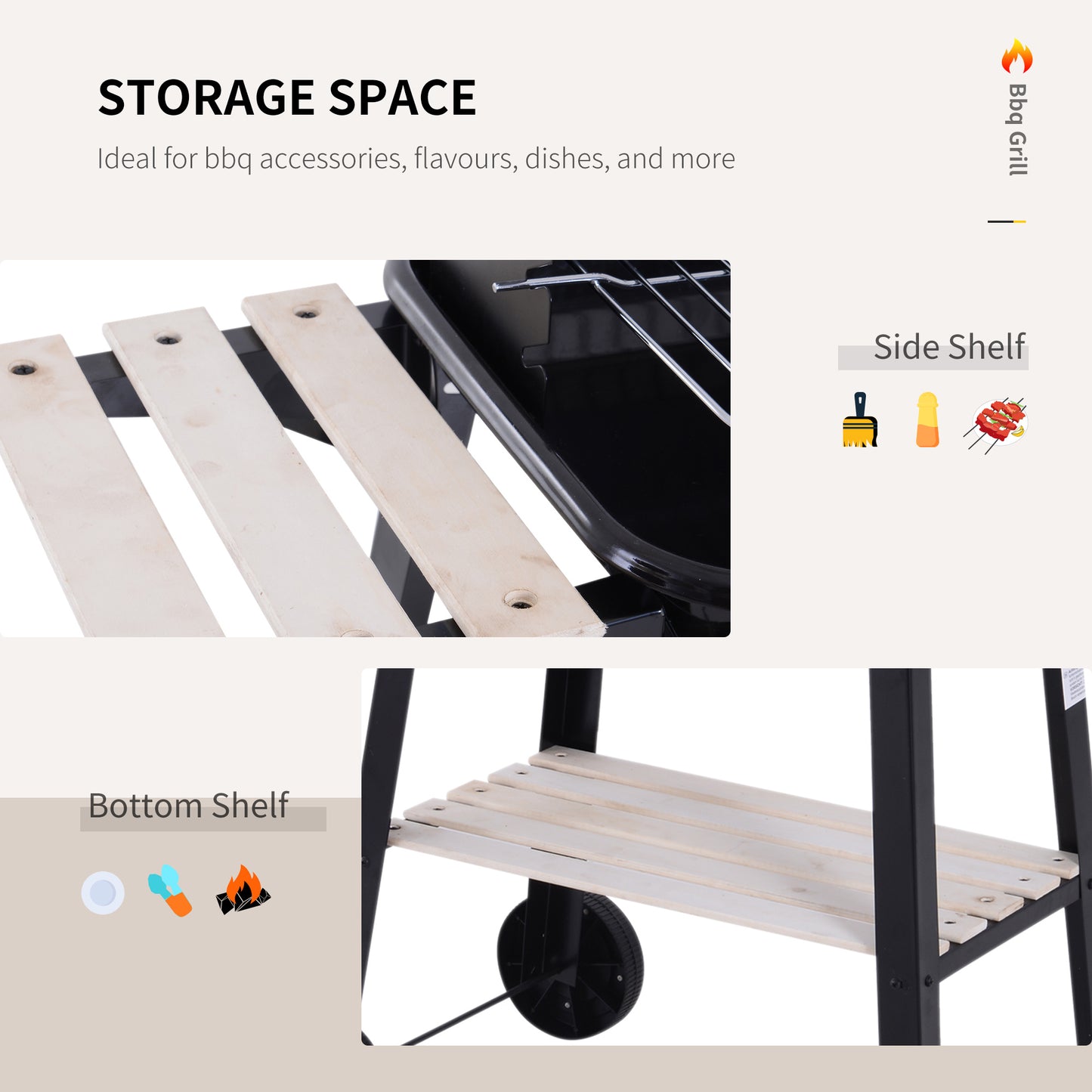 Outsunny Trolley Charcoal BBQ Barbecue Grill Outdoor Patio Garden Heating Smoker with Side Trays Storage Shelf and Wheels