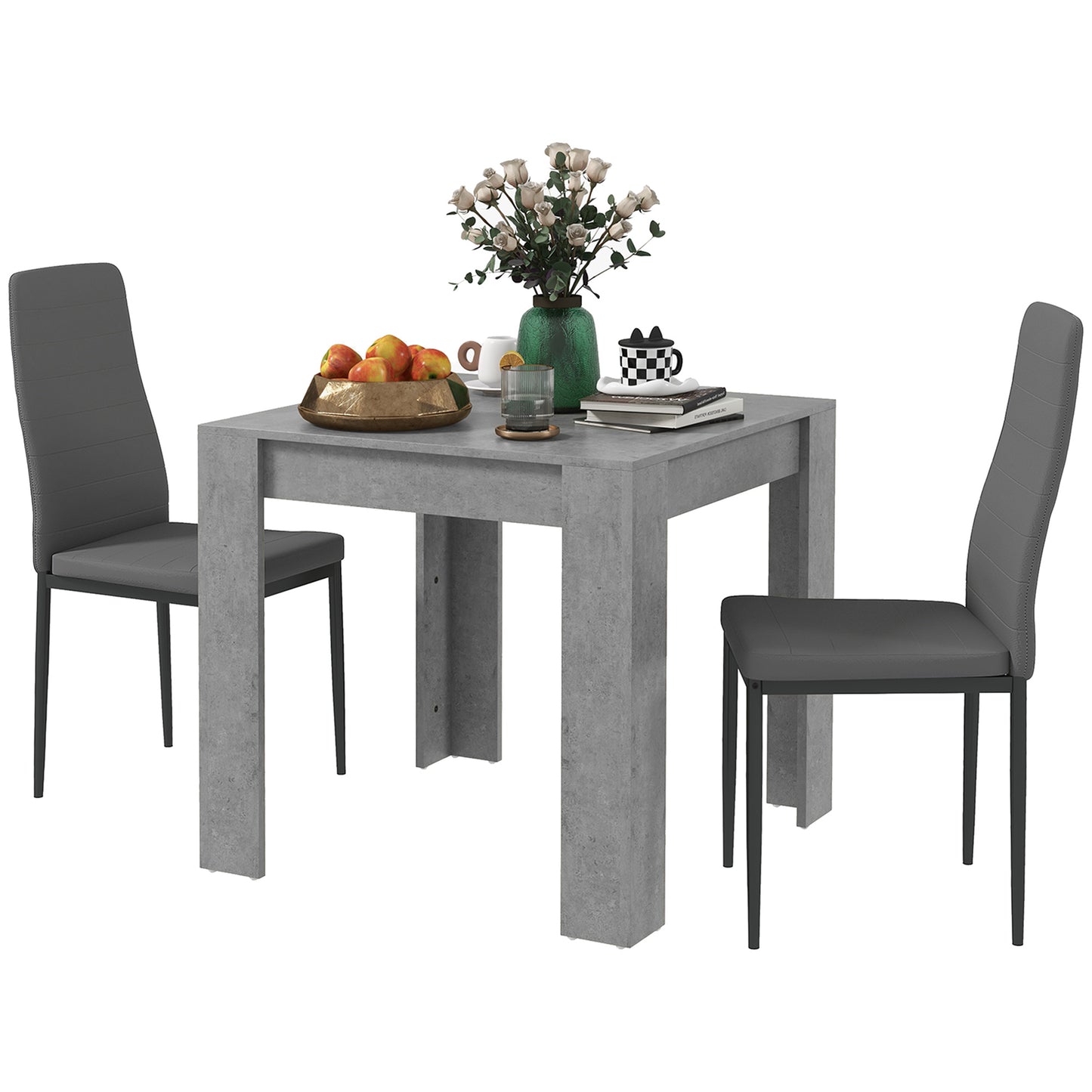 Dining Table Set for 2, Square Kitchen Table and Chairs, Faux Cement Dining Room Table and PU Leather Upholstered Chairs