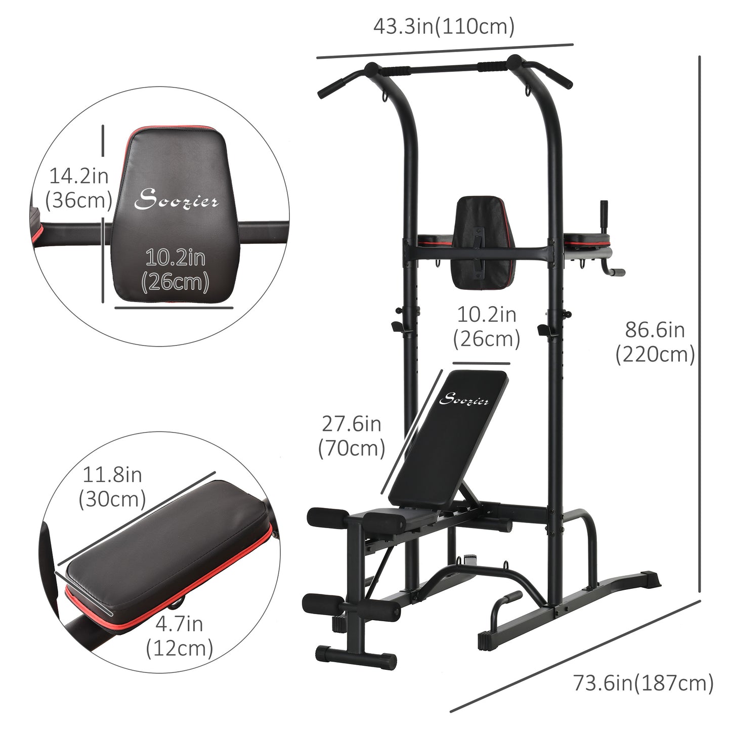 Multi-Function Training Stand Power Tower Station Gym Workout Equipment with Sit Up Bench, Pull Up Bar, Black