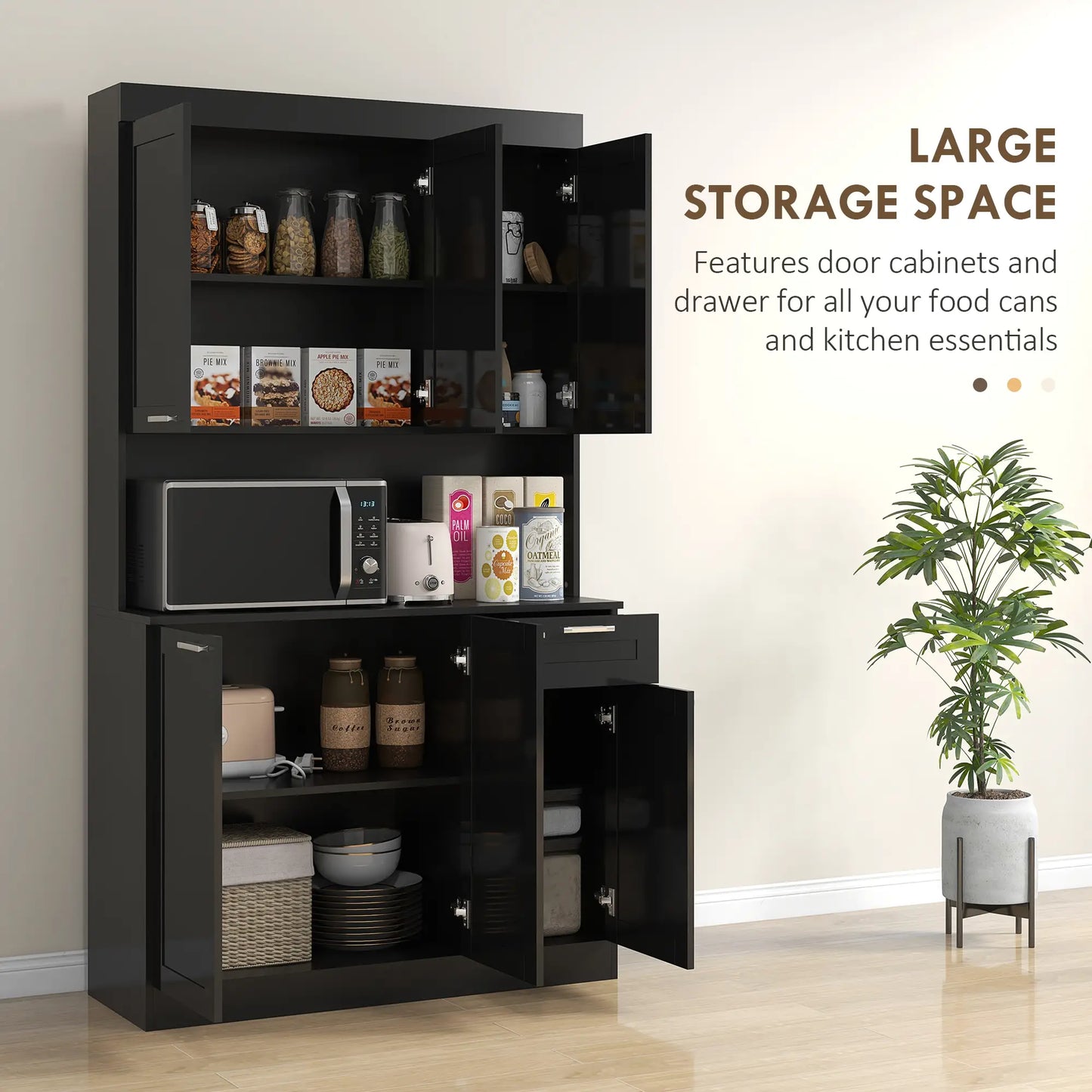 Kitchen Pantry Cabinet with Large Storage, Adjustable Shelves, High Gloss Black