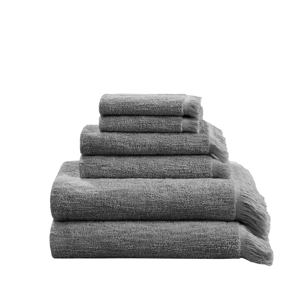 Terry Cotton 630gsm Fringed 6-Piece Towel Set, Dark Gray