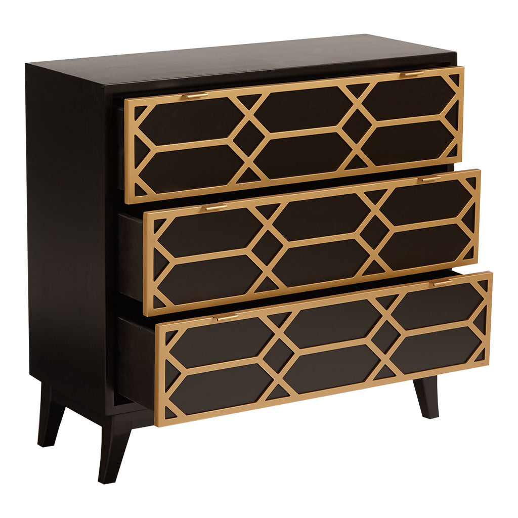 Gold Lattice 3-Drawer Chest, Black