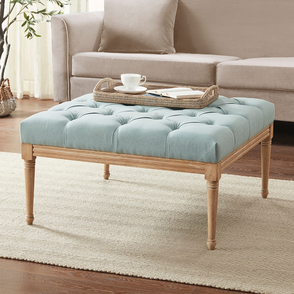 Transitional Square Tufted Ottoman, Blue