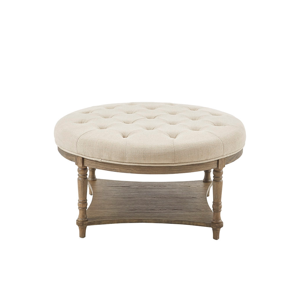 Country Style Round Ottoman with Bottom Shelf, Cream *