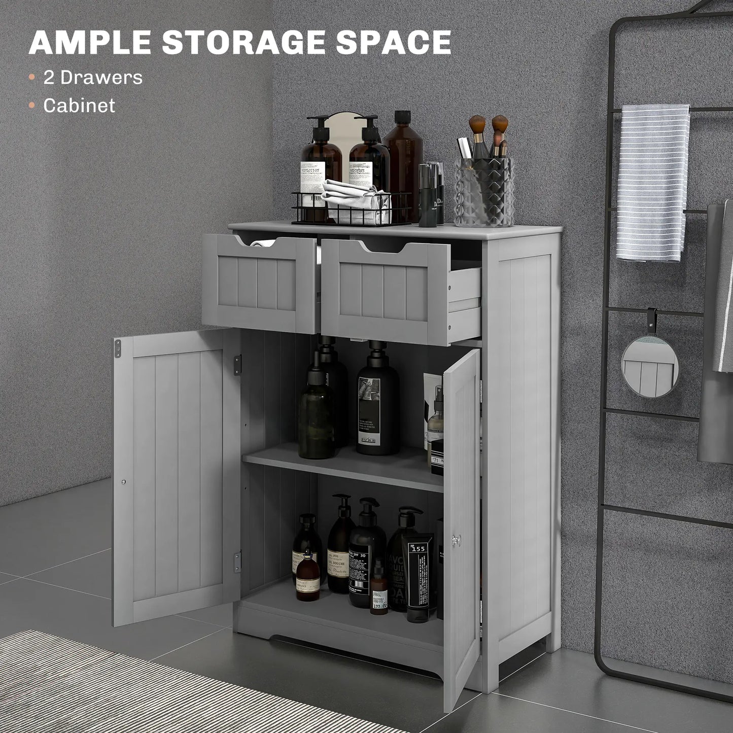 Entryway or  Bathroom Storage Cabinet with 2 Drawers, Adjustable Shelf in Grey