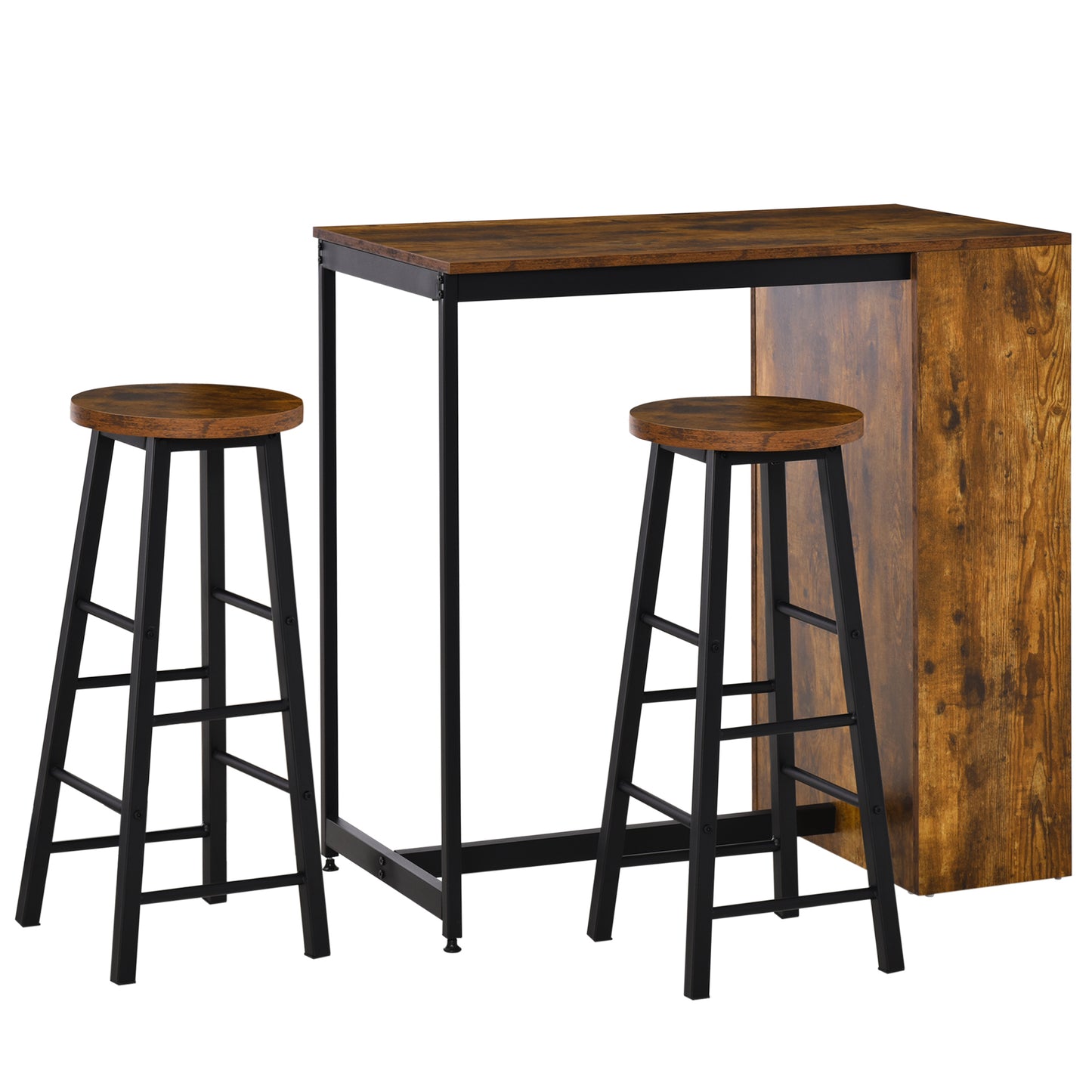 3 Piece Industrial Kitchen Dining Table Set, Counter Height Bar Table & Stools with Storage Shelf, Rustic Brown/Black