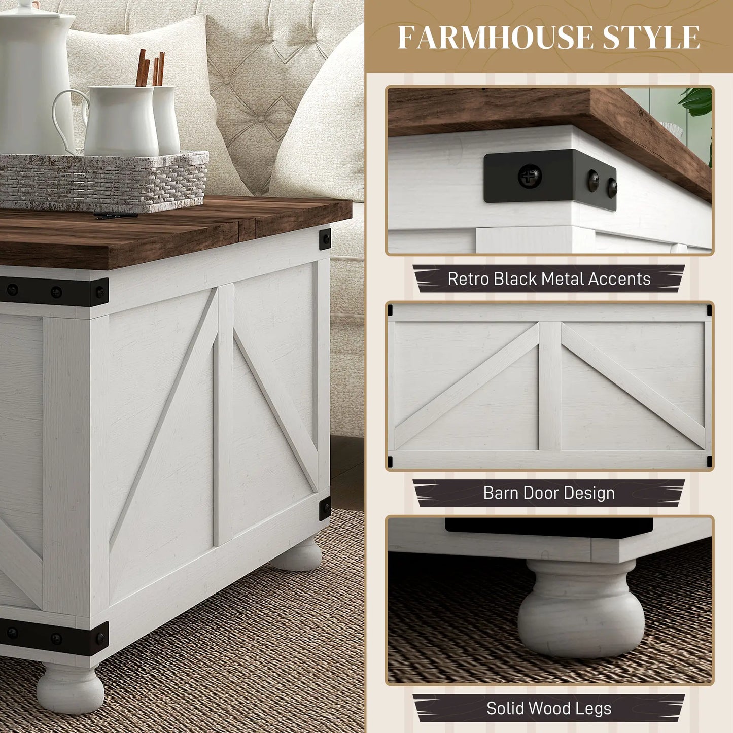 Coffee Table with Lift Top and Flip-top Lids, 32" Farmhouse style with 2 Hidden Compartments