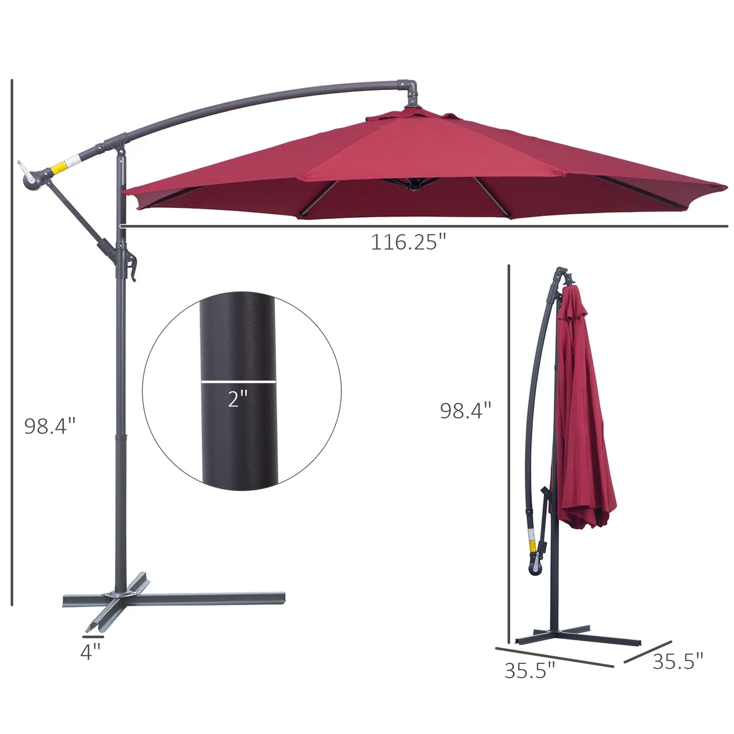 10' Deluxe Patio Umbrella  Hanging Offset Sunshade Crank Cross Base in Wine Red