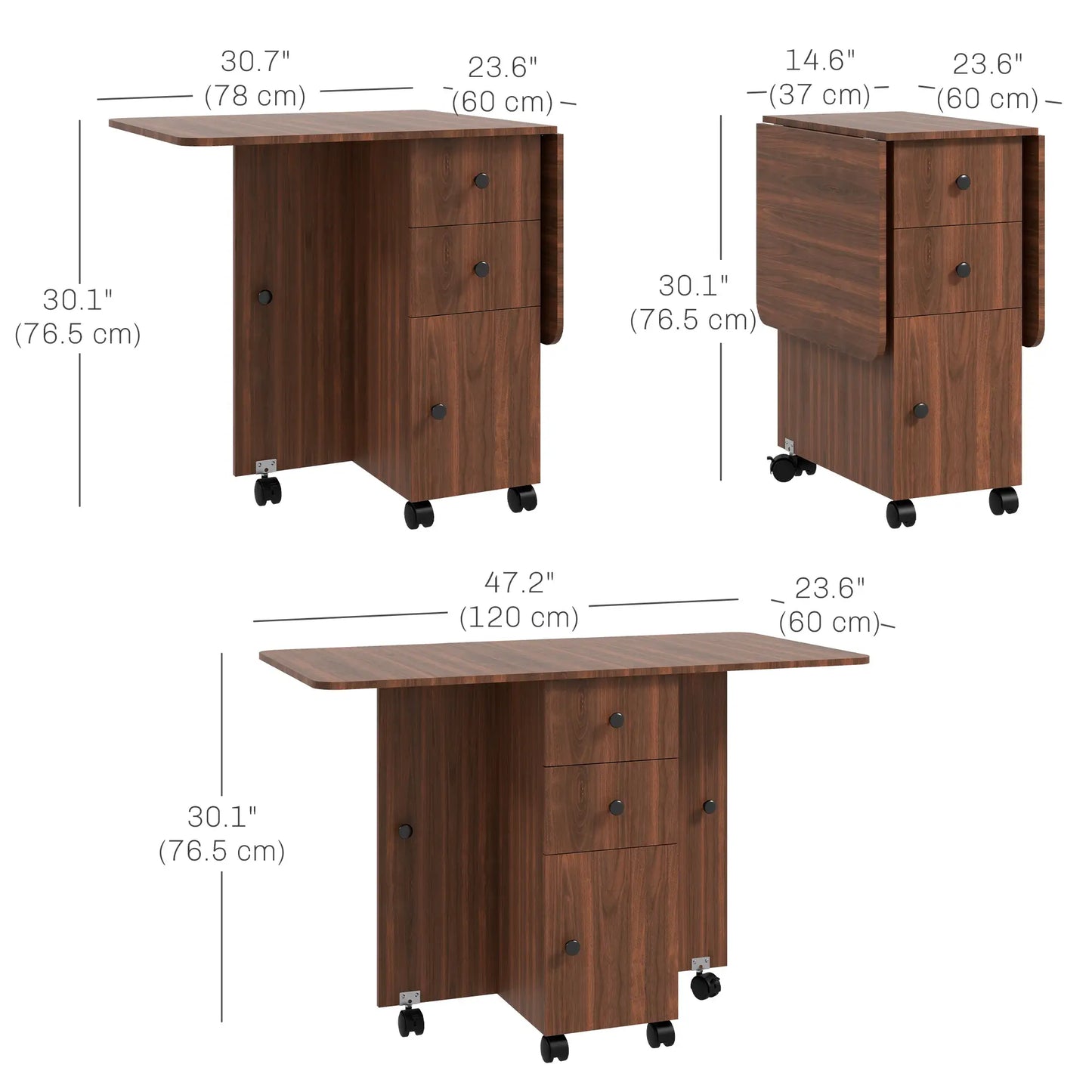 Drop Leaf kitchen Dining Table, on Wheels with Drawers and Cabinet in Brown