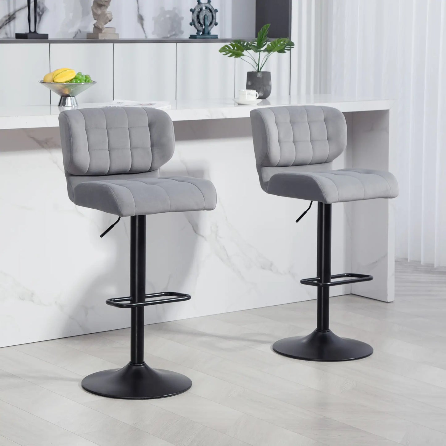 Swivel Tufted Velvet-feel Fabric Barstools Set of 2, Height Adjustable in Grey