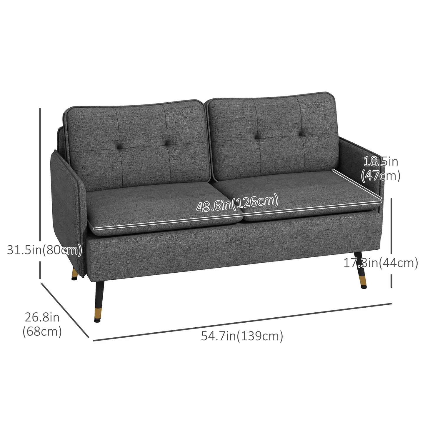 Modern 55" Loveseat, Fabric Love Seat Sofa with Button Tufted Back, with Steel Legs in Dark Grey