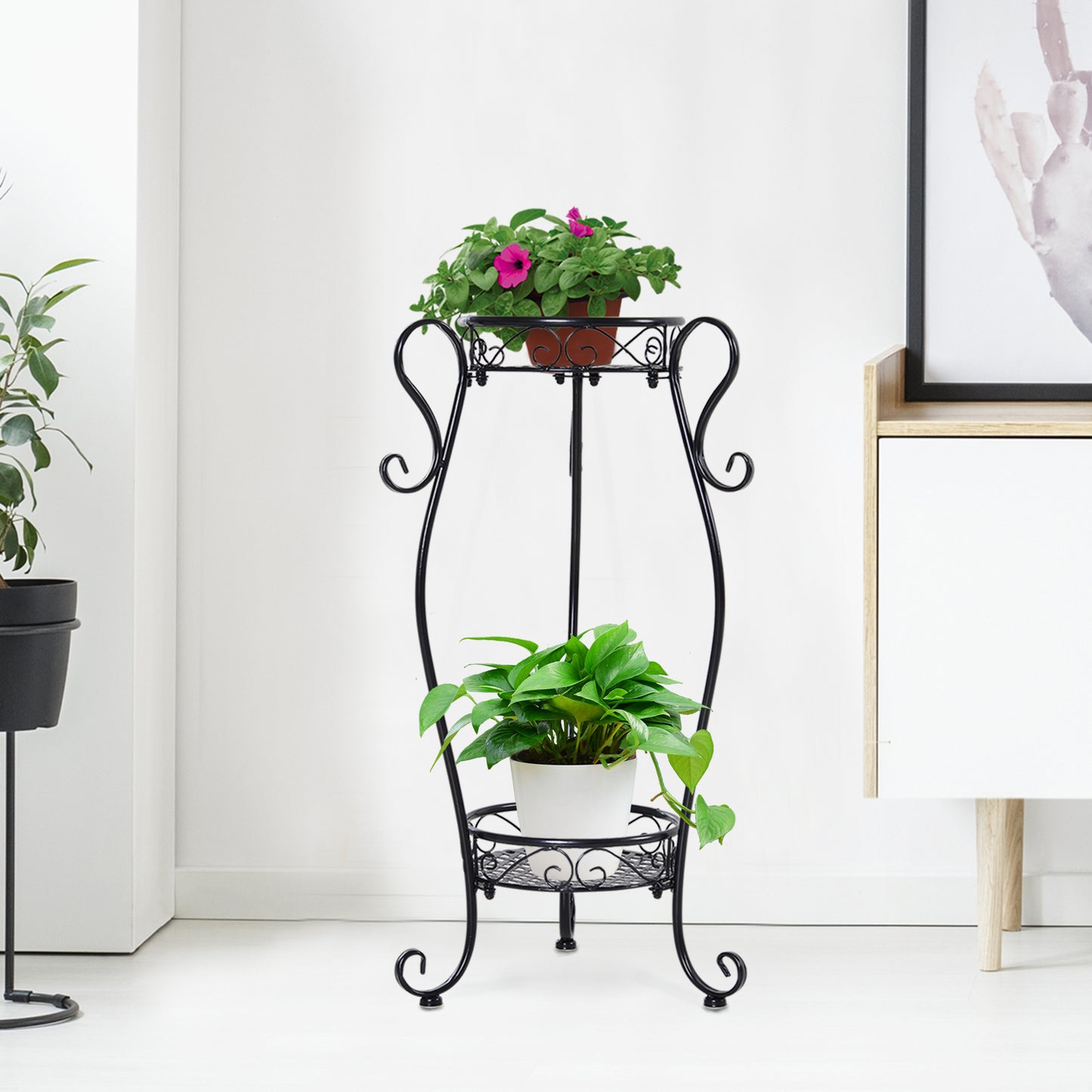 2 Shelf Flower Pot Stand 2-Tier Freestanding Plant Display Rack Indoor Outdoor Metal Easy to clean porch, patio, backyard