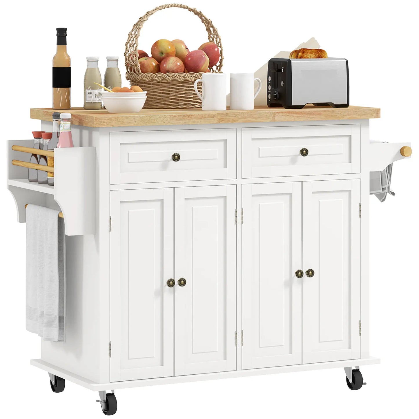 Kitchen Island with Storage, with Rubber Wood Top, Spice Rack, Towel Rack, White