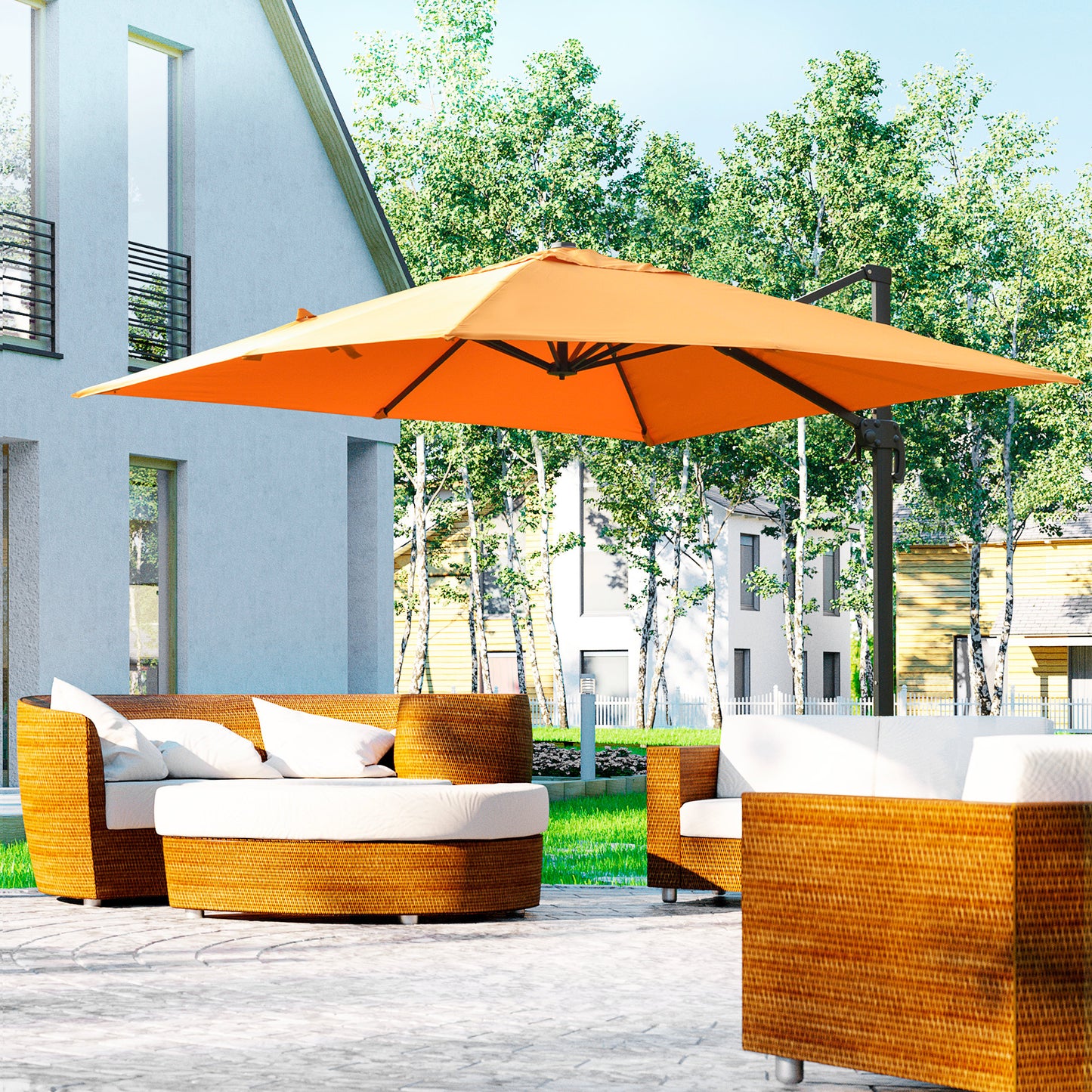 Outsunny 9.7x9.7ft Cantilever Umbrella Rotatable Square Top Market Parasol with 4 Adjustable Angle for Backyard Patio Outdoor Area Orange