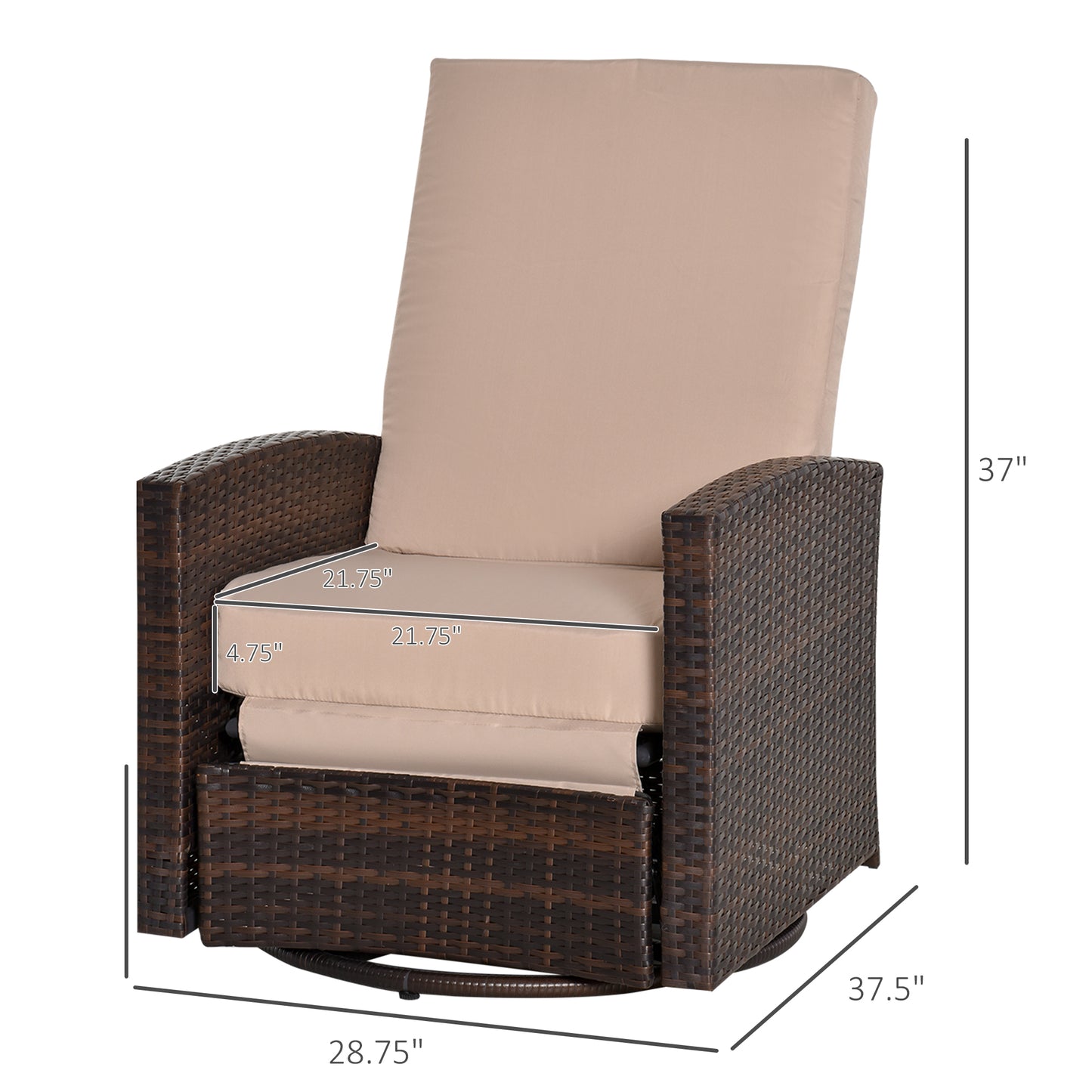 Outdoor Recliner Chair Rattan Swivel Chair, Wicker Sofa with Footrest & Soft Cushion, Khaki & Brown