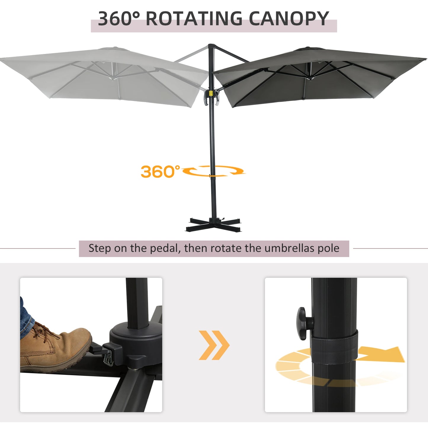 8' x 8' Square Patio Hanging Offset Umbrella with 360° Rotation, Aluminum, Crank & Tilt, with Cross Base, Grey