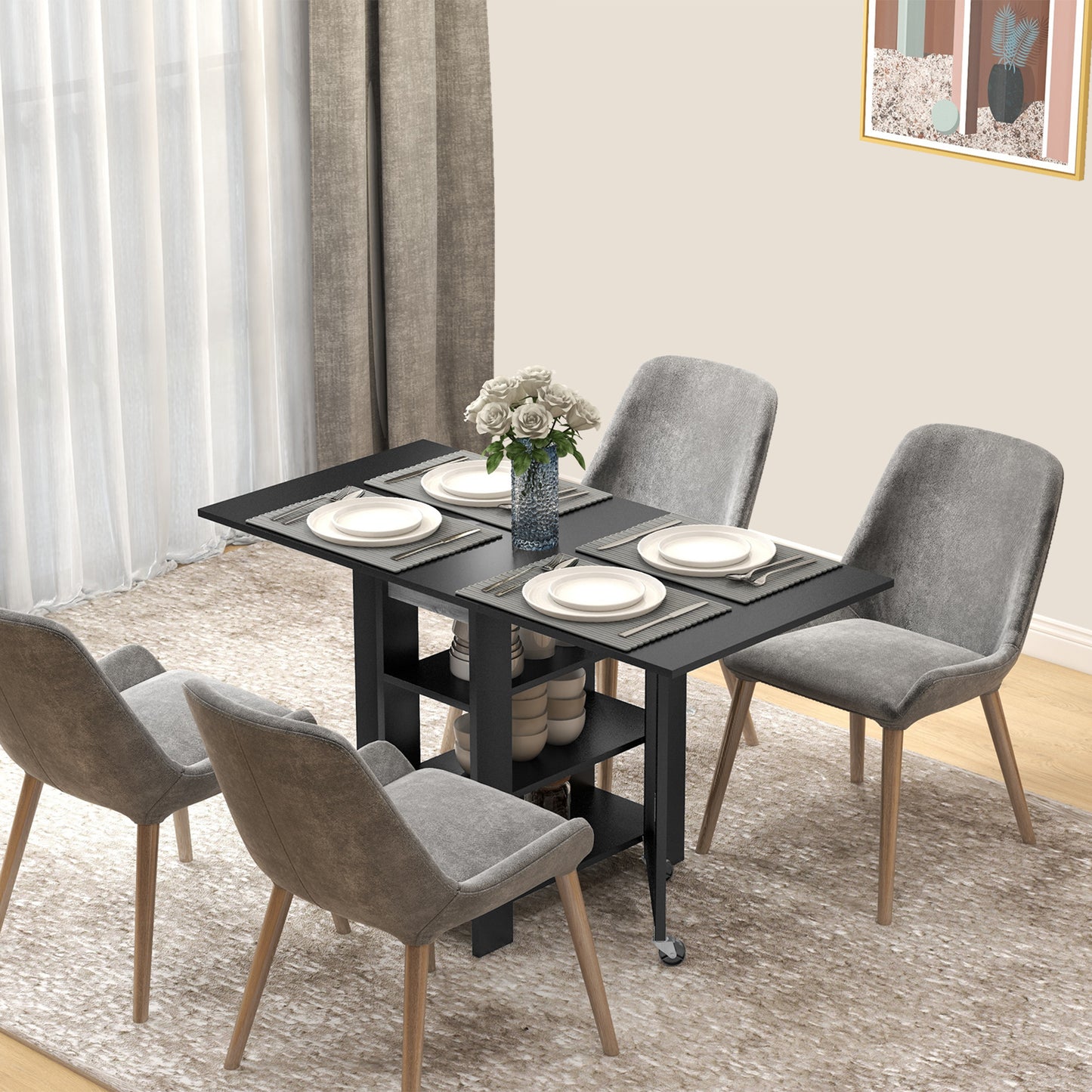 Folding Dining Table with Storage, Drop Leaf Kitchen Table for Small Spaces, Black