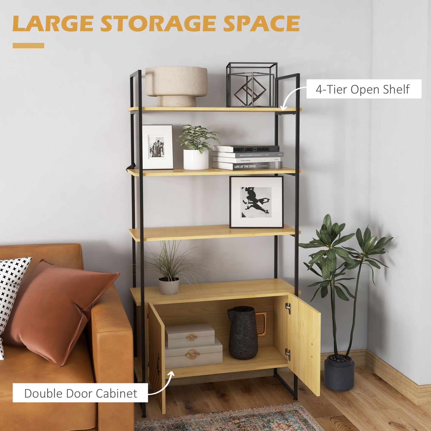 4-Tier Shelving Unit with Double Door Cabinet, Industrial Bookshelf, Storage Rack with Open Shelves and Metal Frame for Living Room, Bedroom, Study, Oak