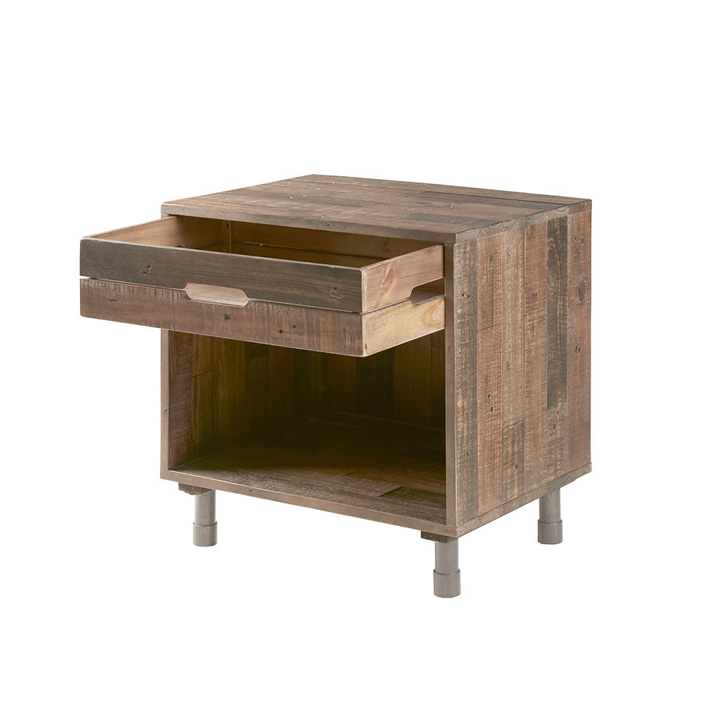 Industrial Wood Nighstand with Drawer and Storage, Light