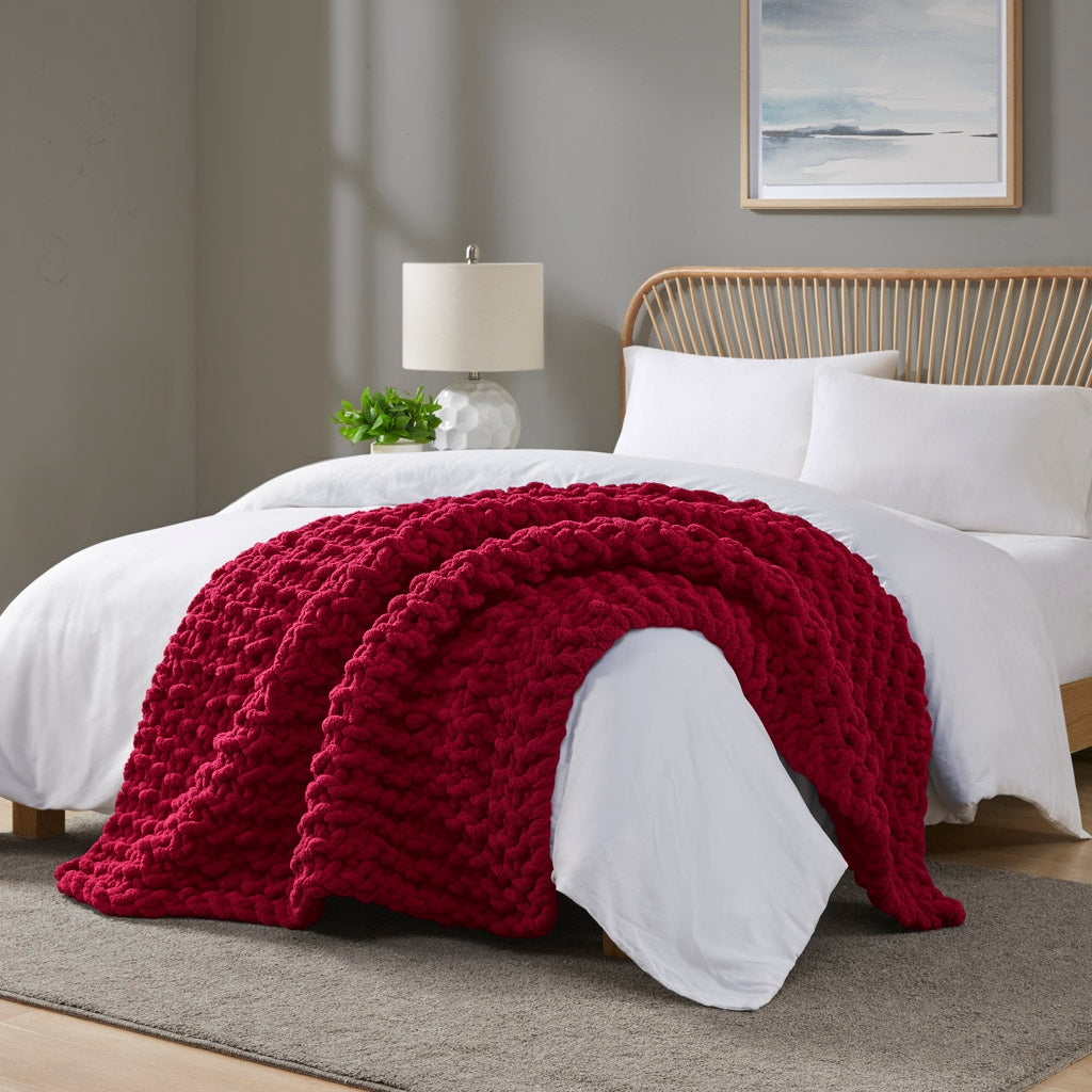 Handmade Chenille Chunky Knit Throw 50x60", Red