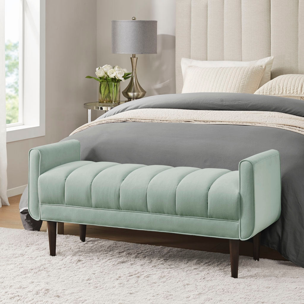 Velvet Upholstered Modern Accent Bench, Seafoam Green