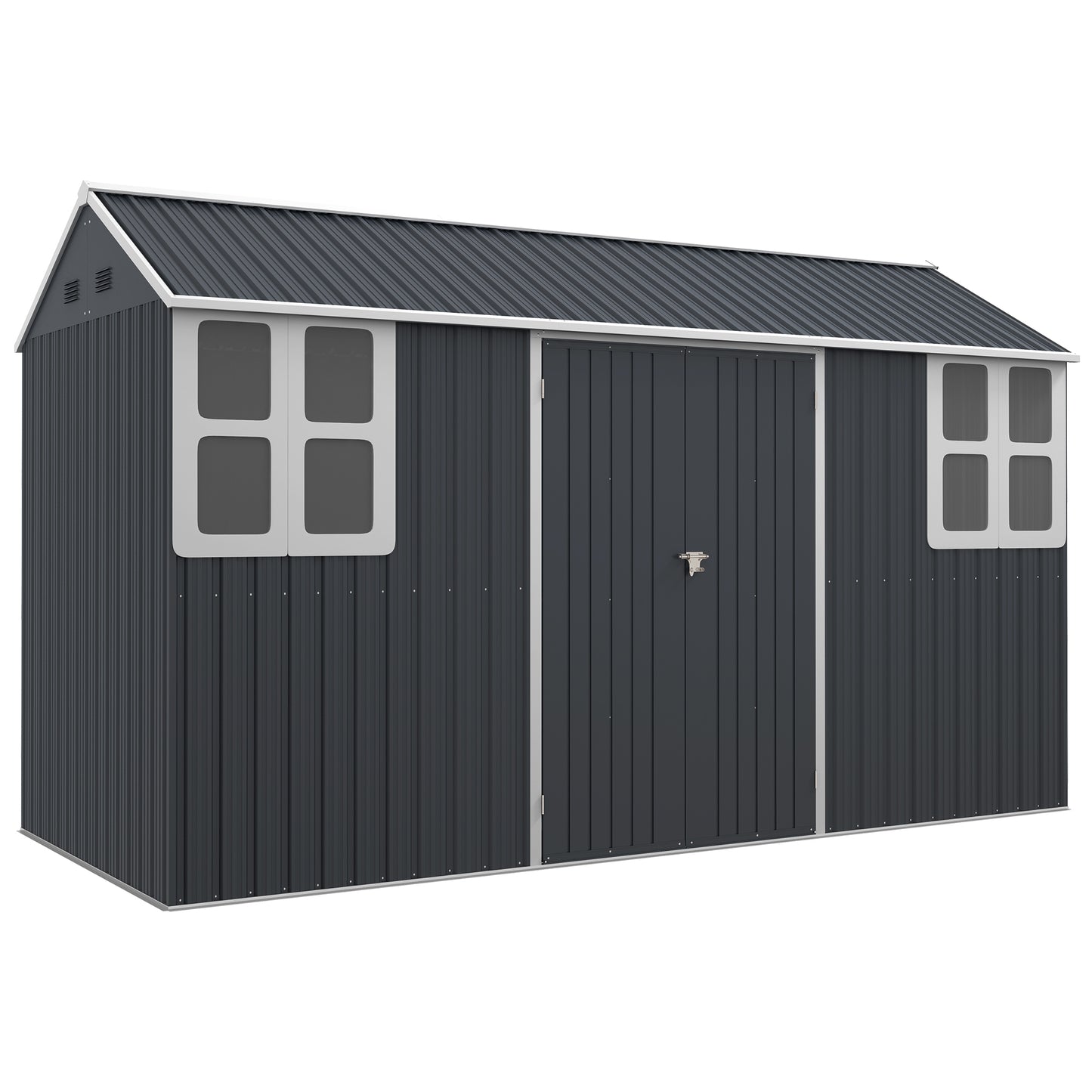 Outsunny 12' x 5.5' Metal Garden Storage Shed, Outdoor Tool Storage House with Lockable Door, Vents, Sloped Roof, Dark Grey