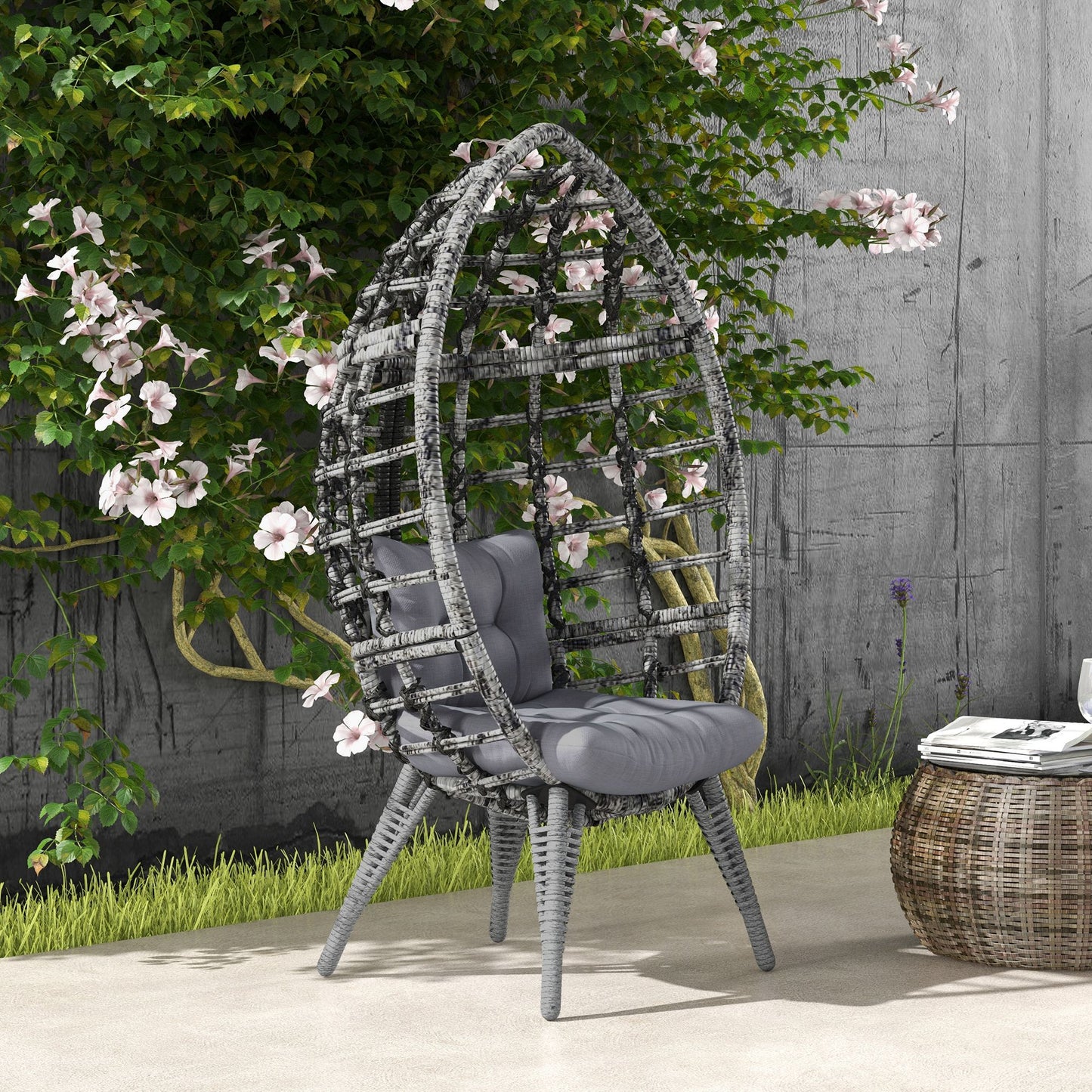 Outsunny Outdoor Egg Chair with Soft Cushion, Patio PE Rattan Wicker Balcony Chair with Height Adjustable Knob, 352lbs Capacity, for Backyard, Garden, Balcony, Lawn, Light Grey